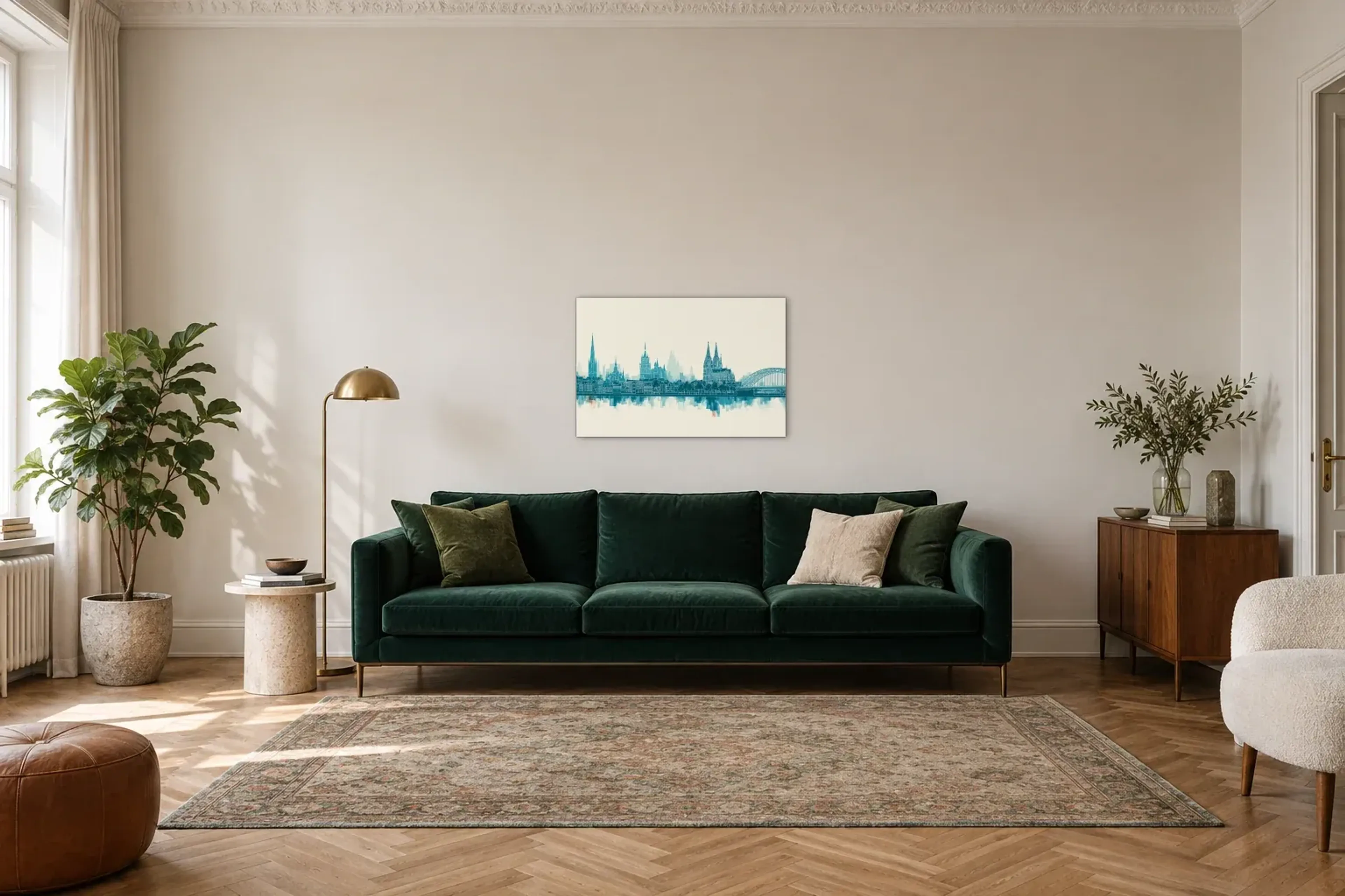 Kölner Skyline in Türkis als Wandbild über einem 220-cm-Sofa