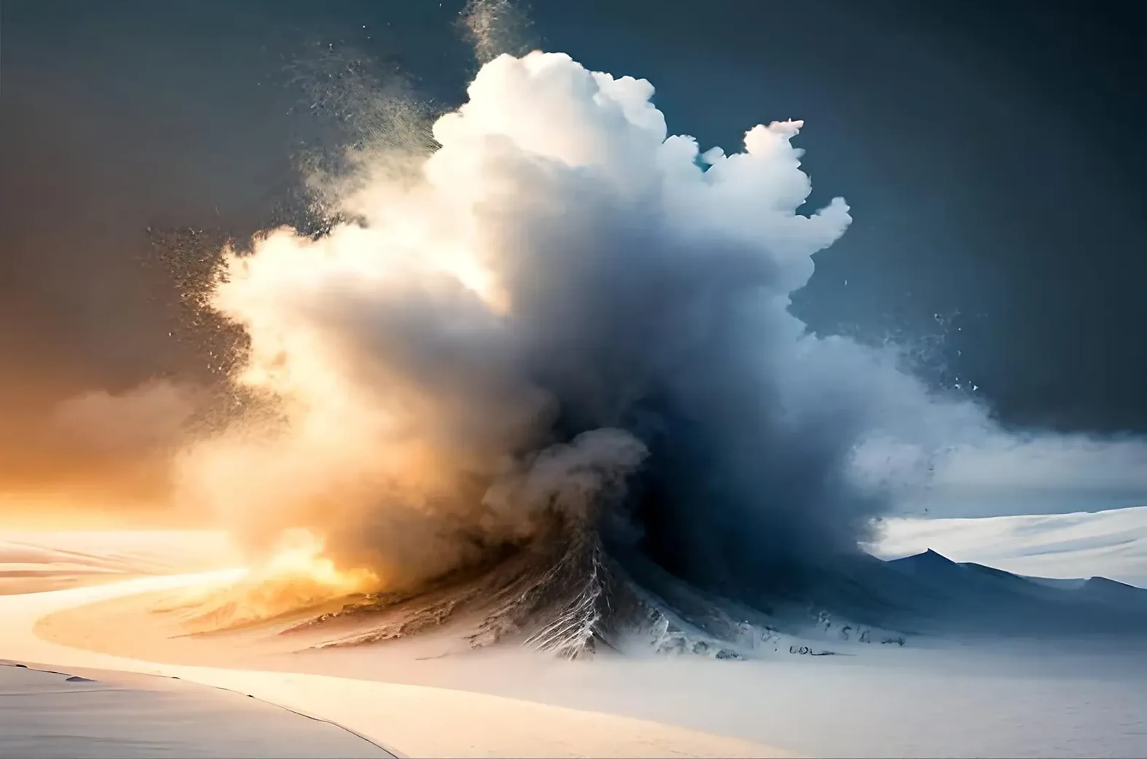 Eine große weißgraue Wolke über heller, welliger Landschaft, links golden beleuchtet und rechts im Schatten.