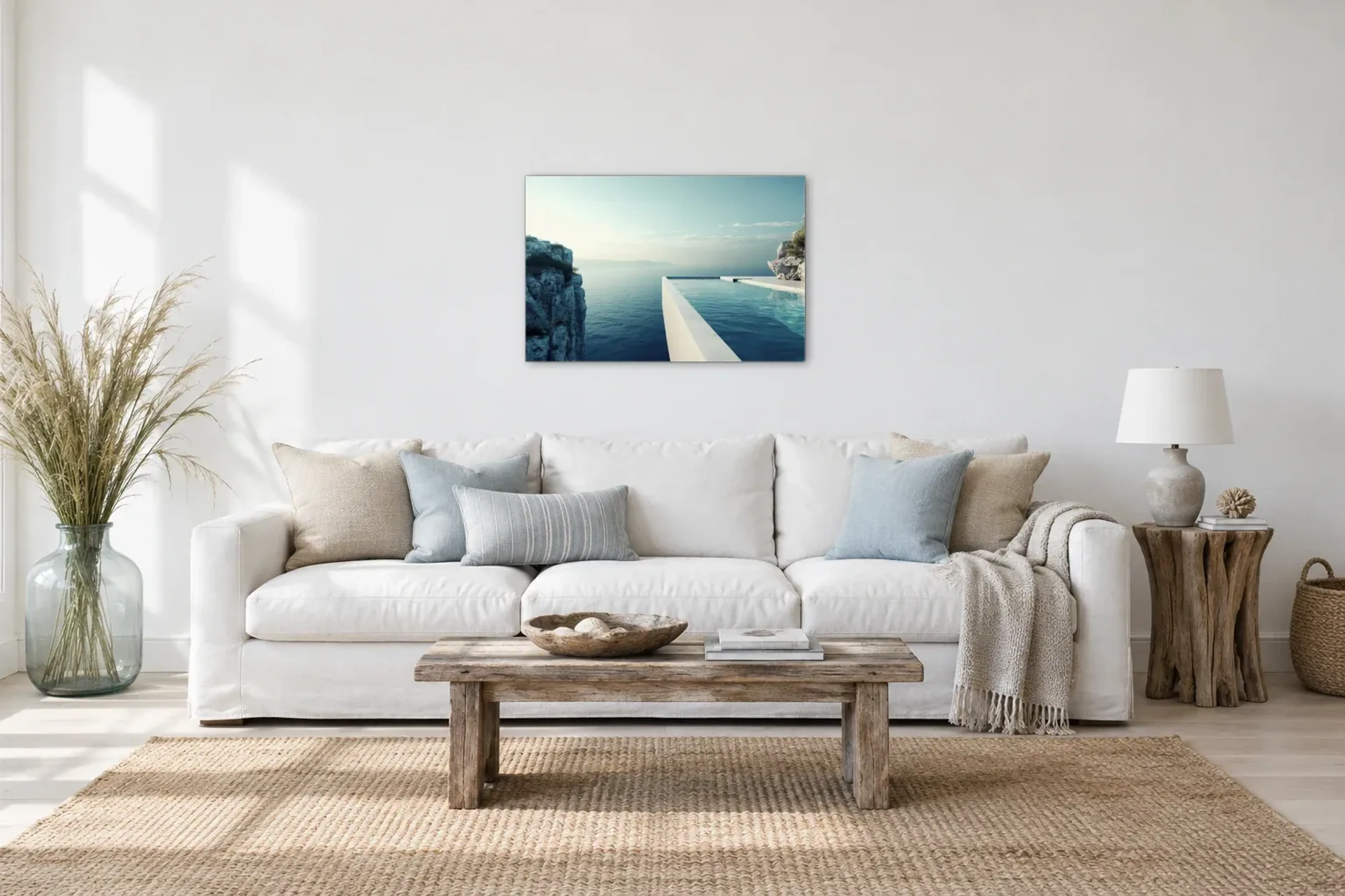 Ausblick vom Pool als Wandbild über einem 220-cm-Sofa