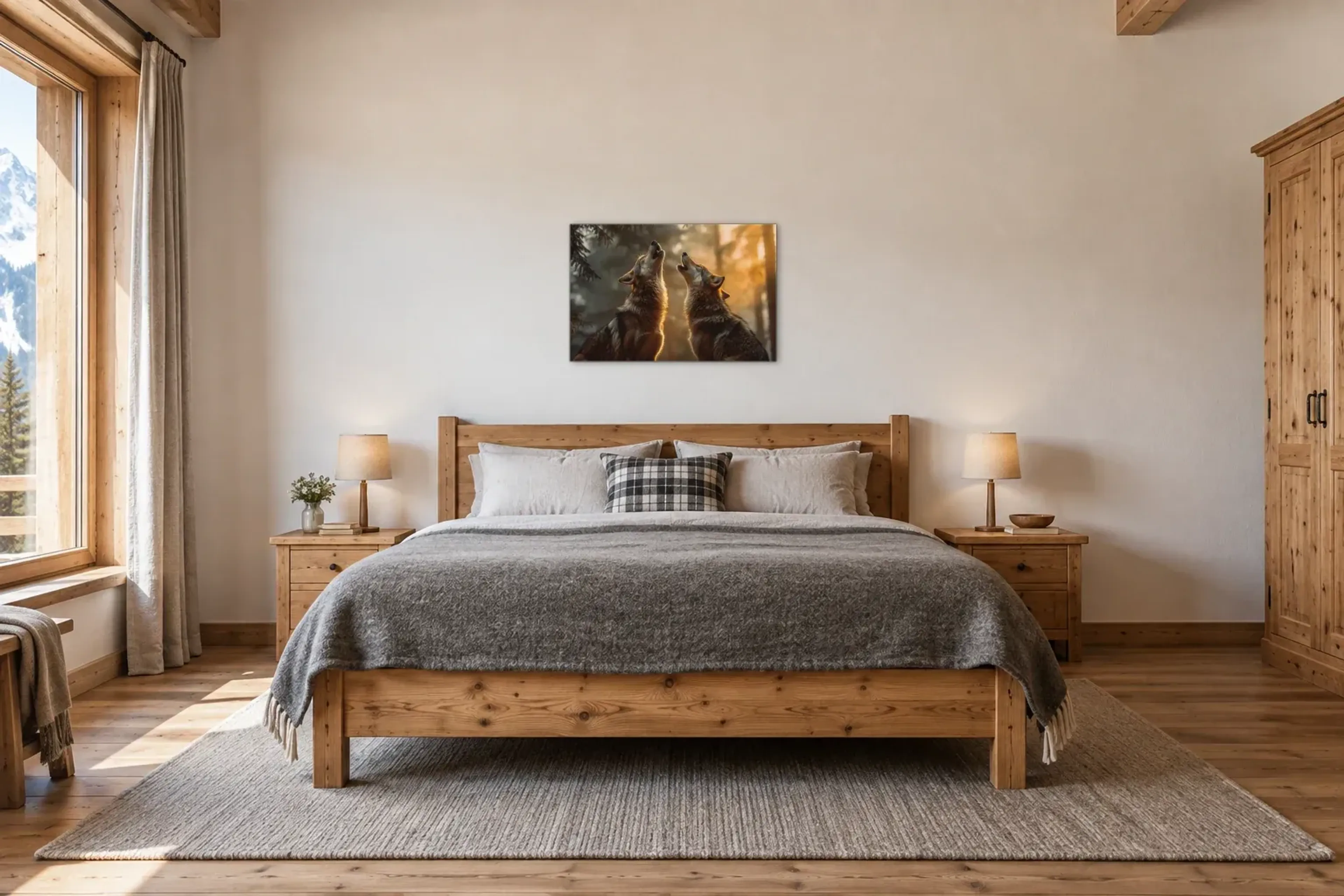 Heulen im goldenen Wald als Wandbild über einem 180-cm-Bett