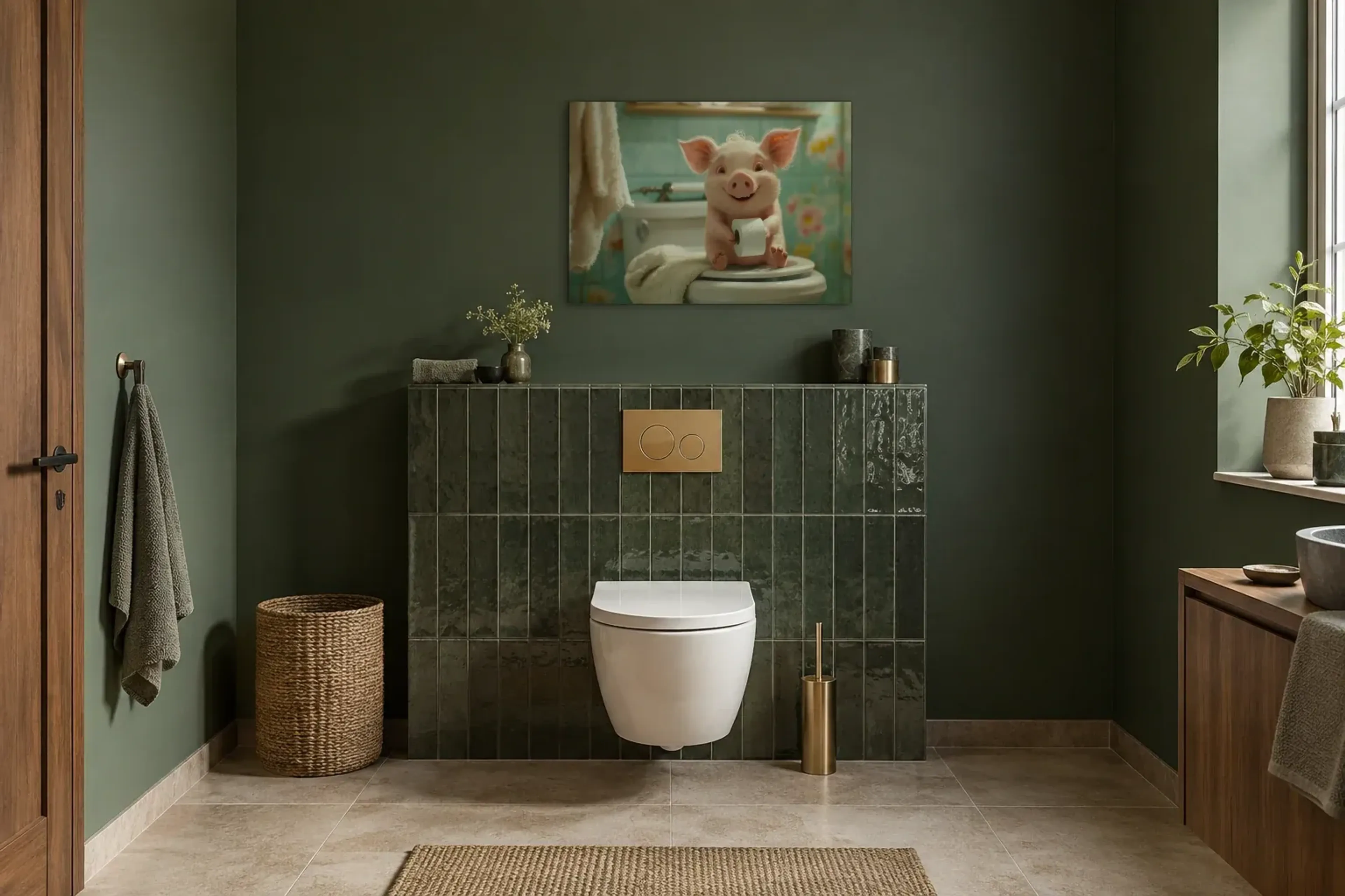 Ferkel mit Klorolle als Wandbild im Gäste-WC