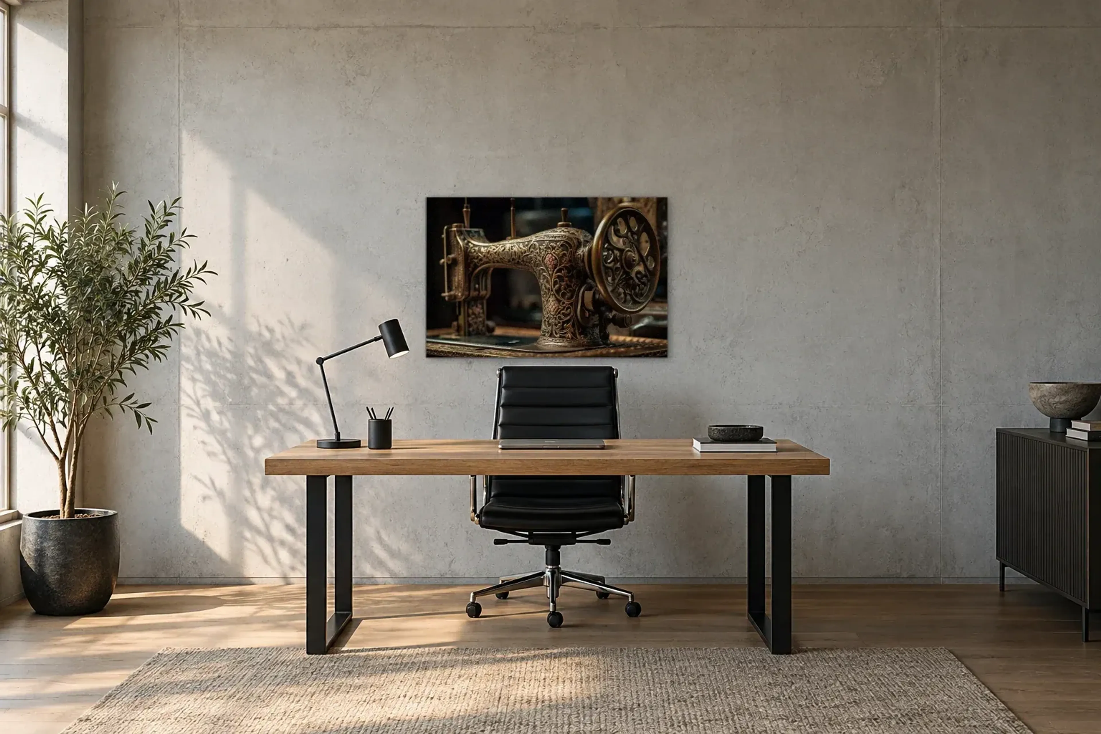 Nähmaschine mit Ornamenten als Wandbild über einem 160-cm-Schreibtisch
