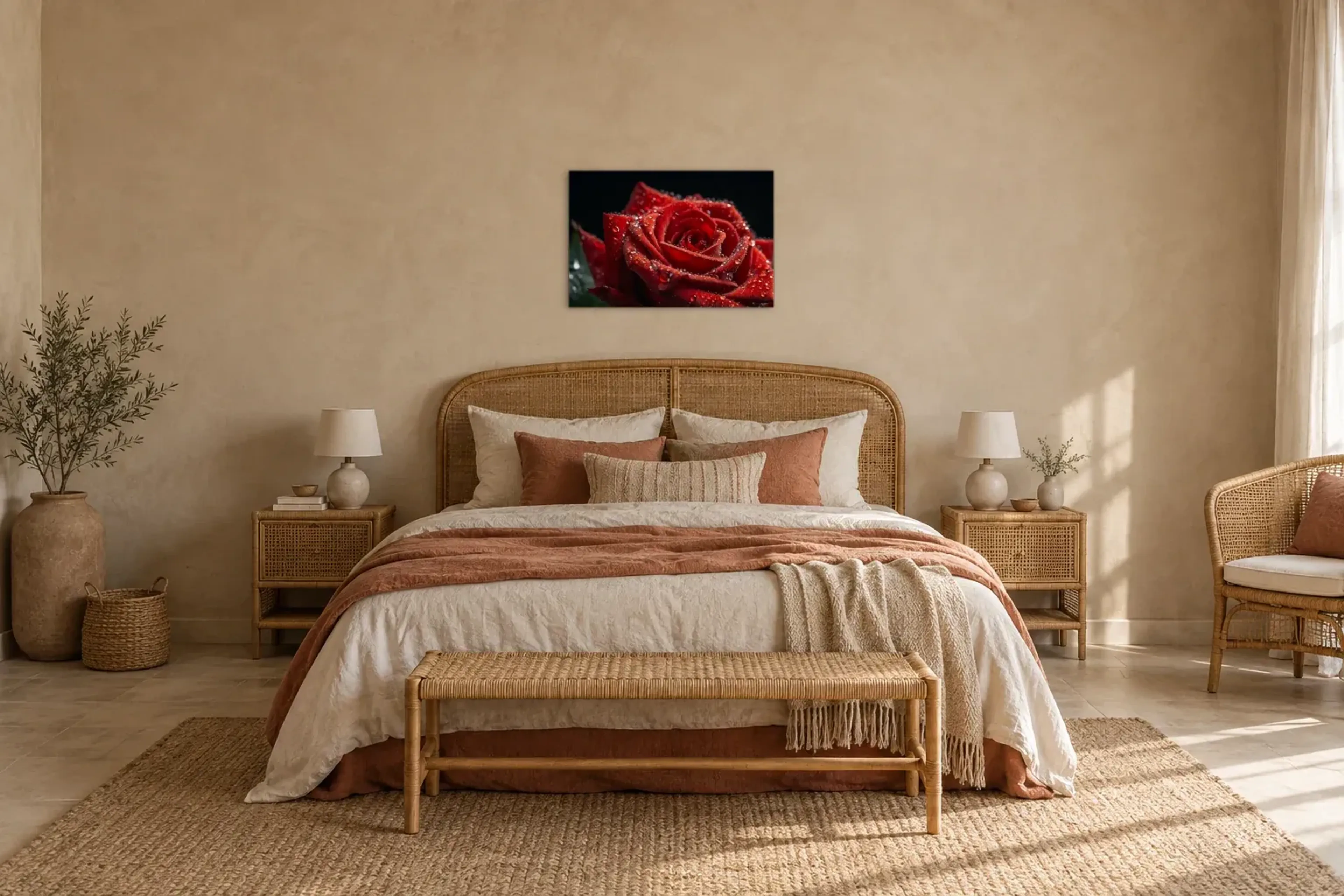 Nahaufnahme rote Rose als Wandbild über einem 180-cm-Bett