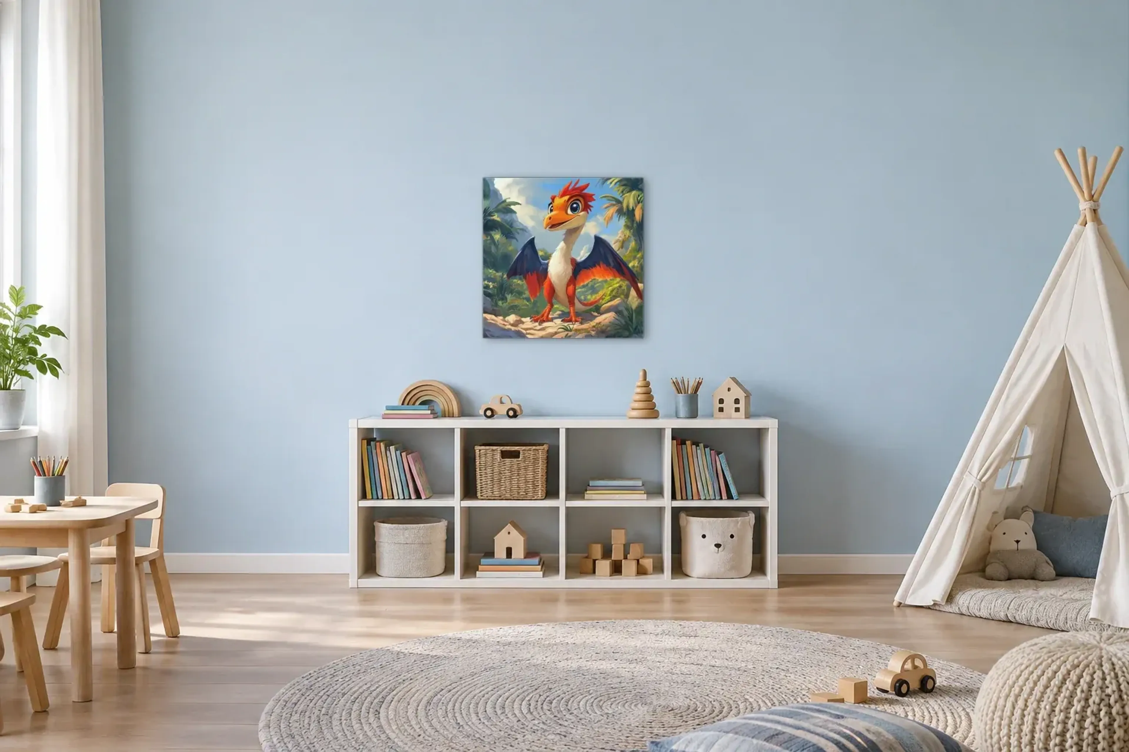 Flügeldino mit rotem Schopf als Wandbild über einem 120-cm-Spielregal