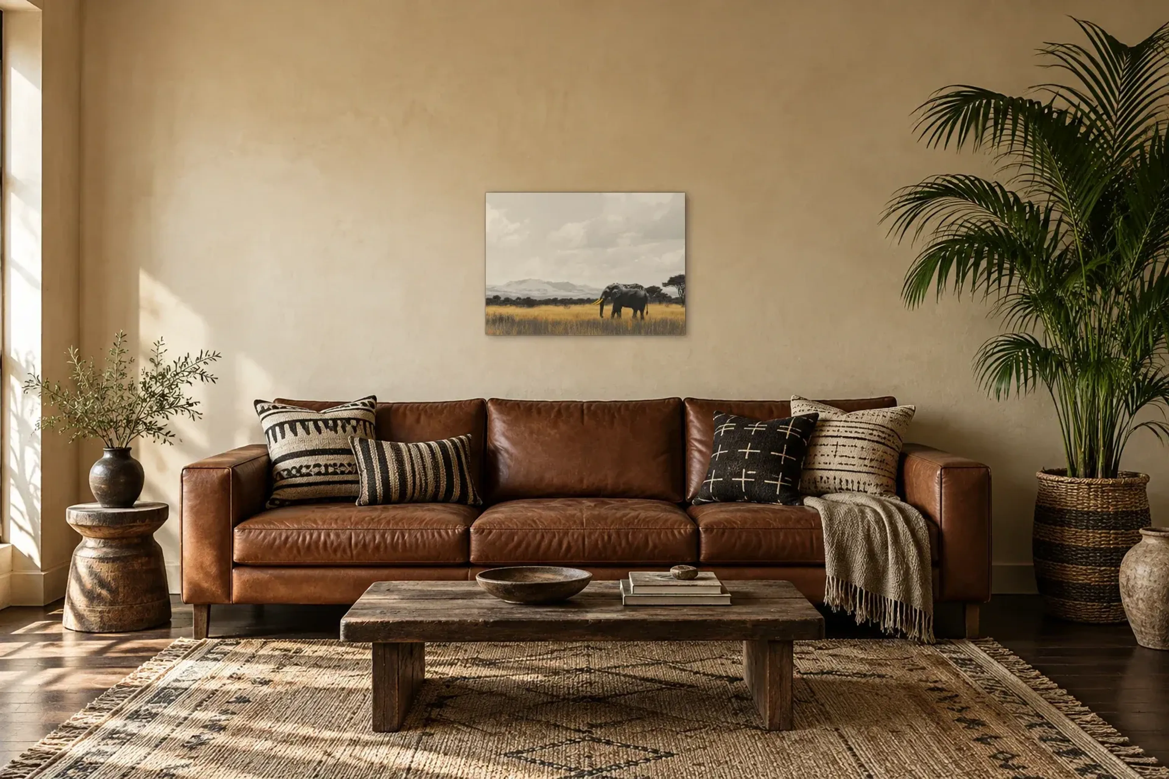 Elefant im goldenen Gras als Wandbild über einem 220-cm-Sofa