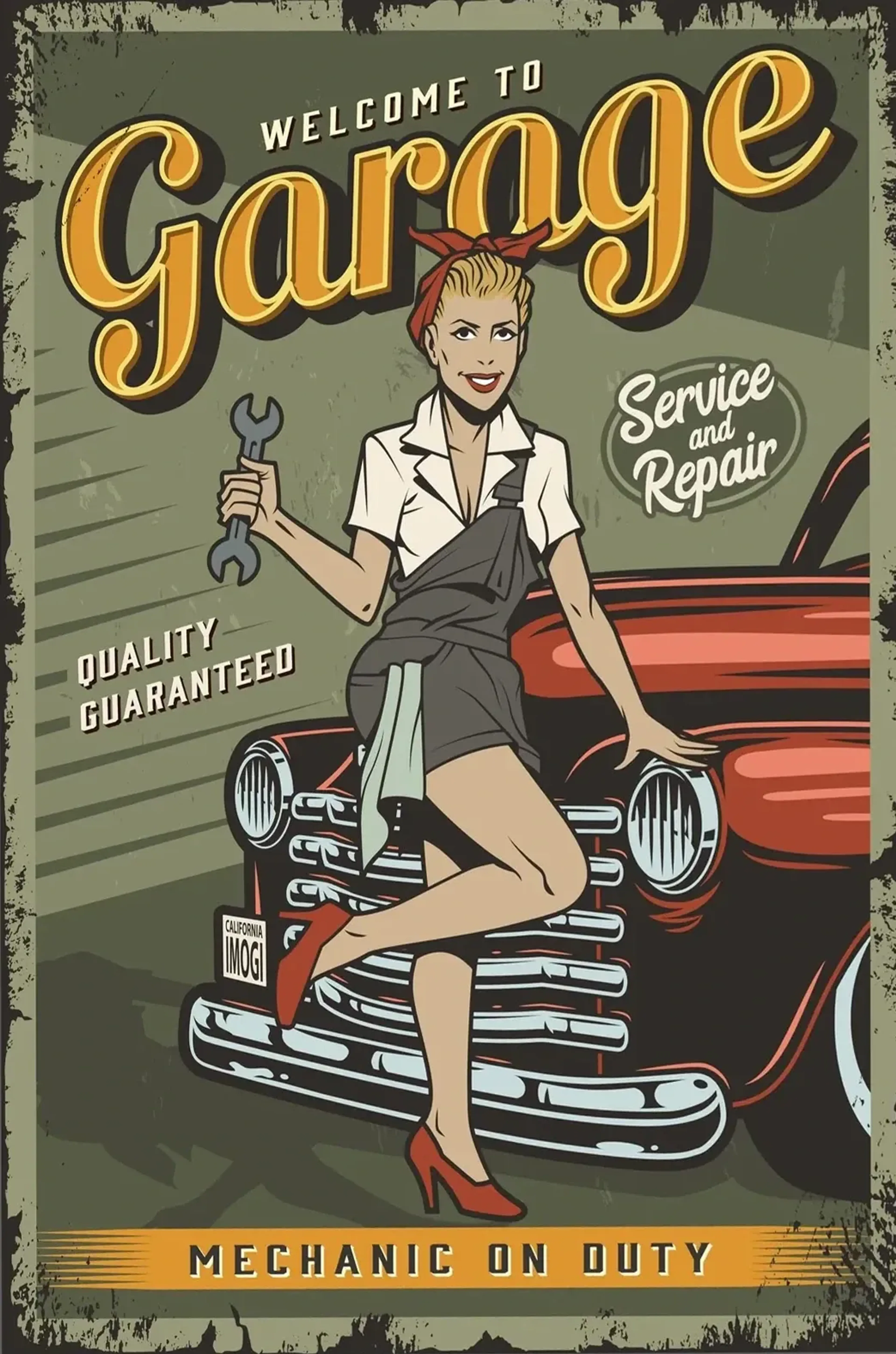 Frau mit Schraubenschlüssel vor einem roten Oldtimer, darüber gelber „Garage“-Schriftzug auf Olivgrün.