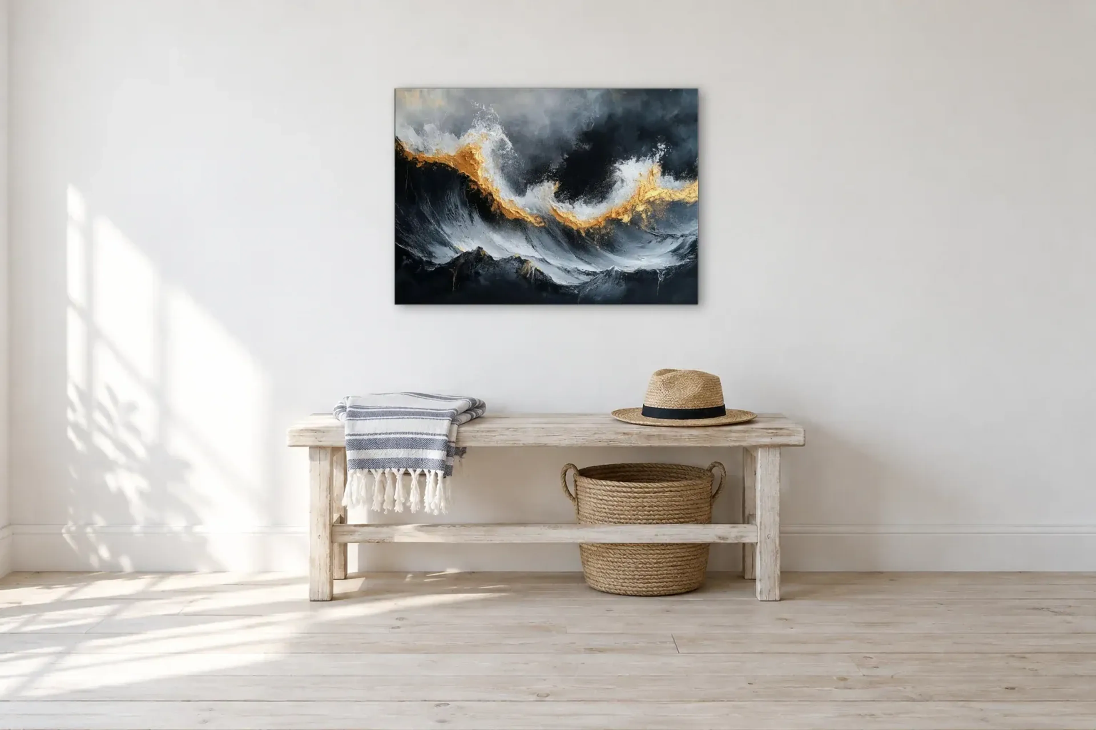 Marmor Wellen als Wandbild über einer 100-cm-Bank