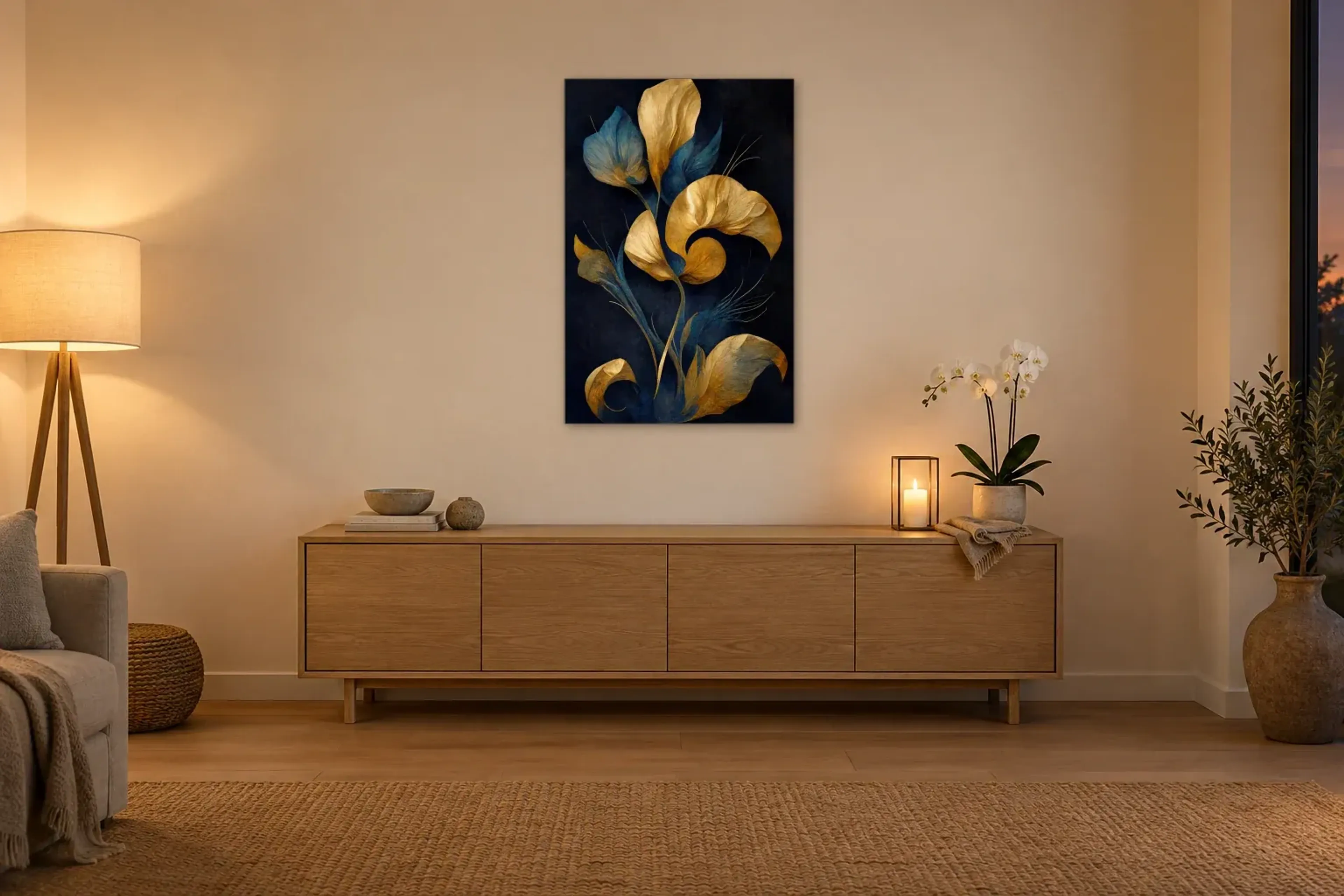 Goldblaue Blütenformen als Wandbild über einem 160-cm-Sideboard