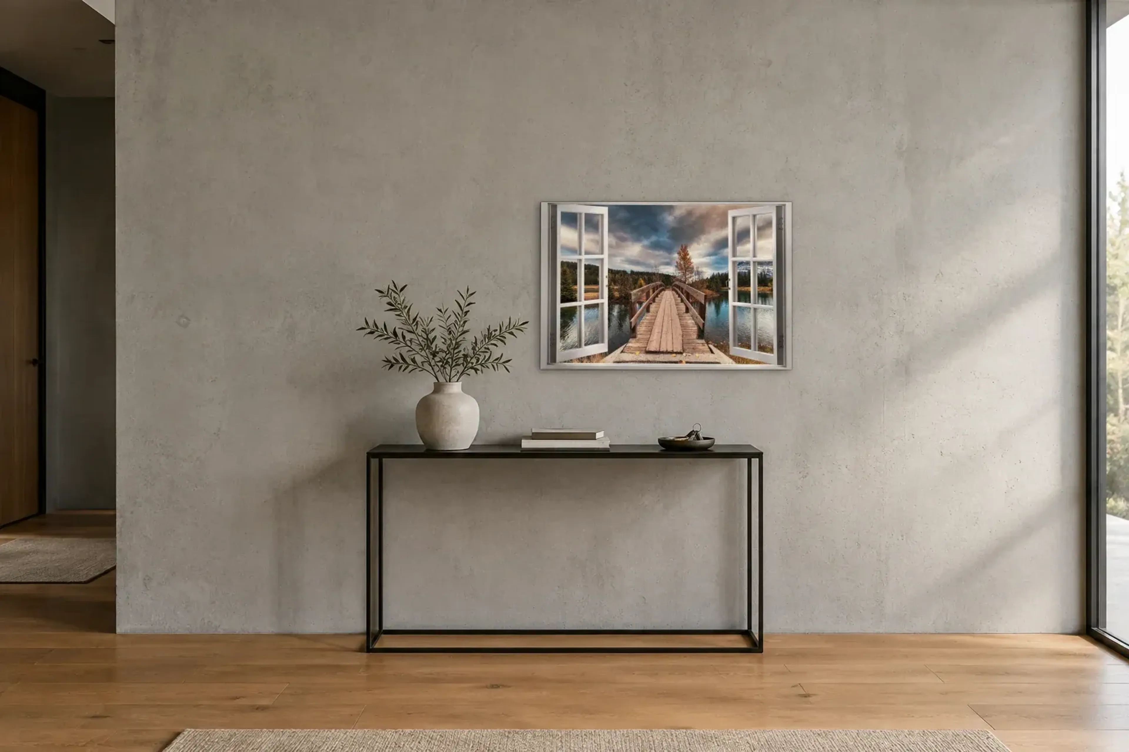 Holzbrücke im Herbst als Wandbild über einer 120-cm-Konsole