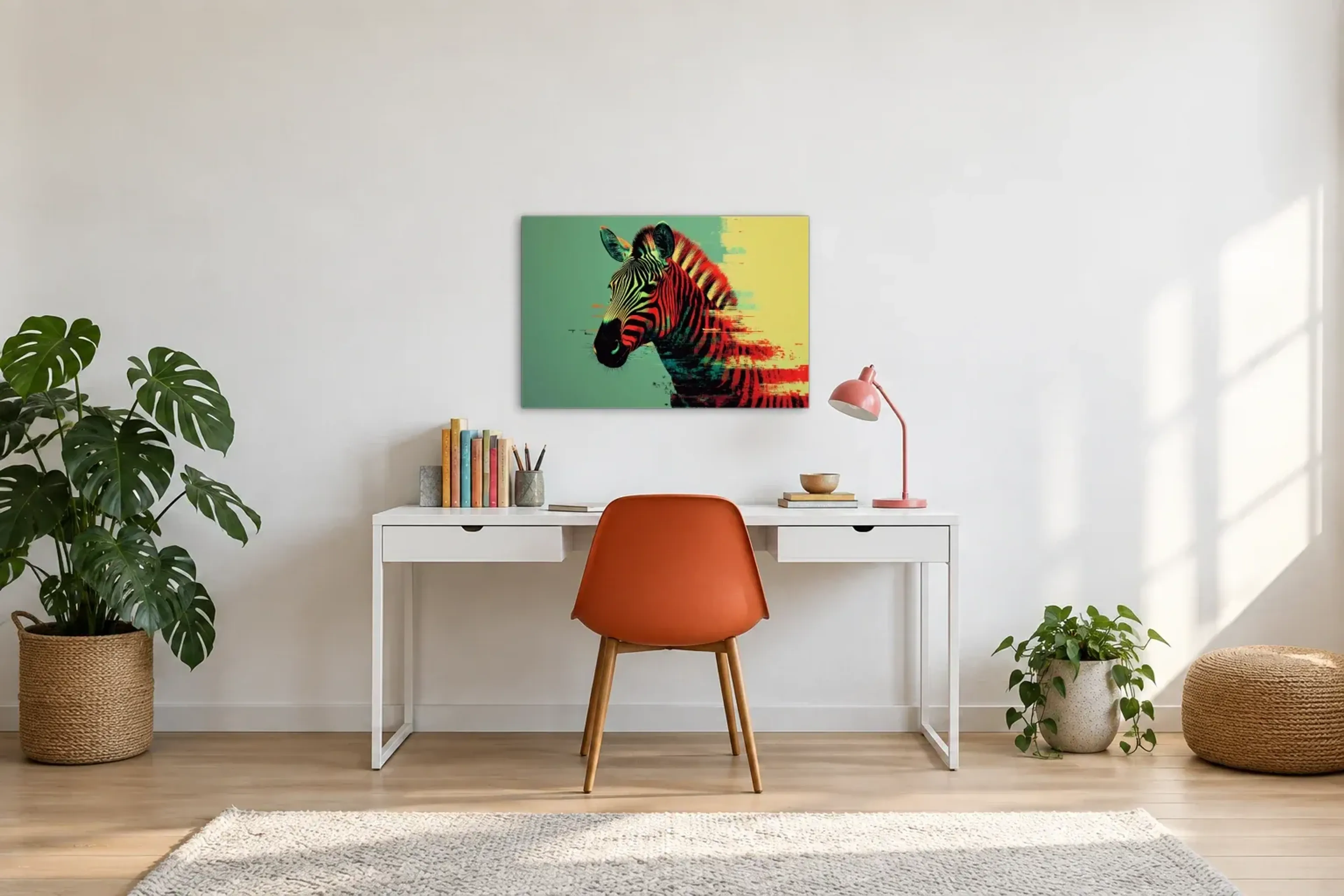 Zebra vor Mintgrün als Wandbild über einem 140-cm-Schreibtisch