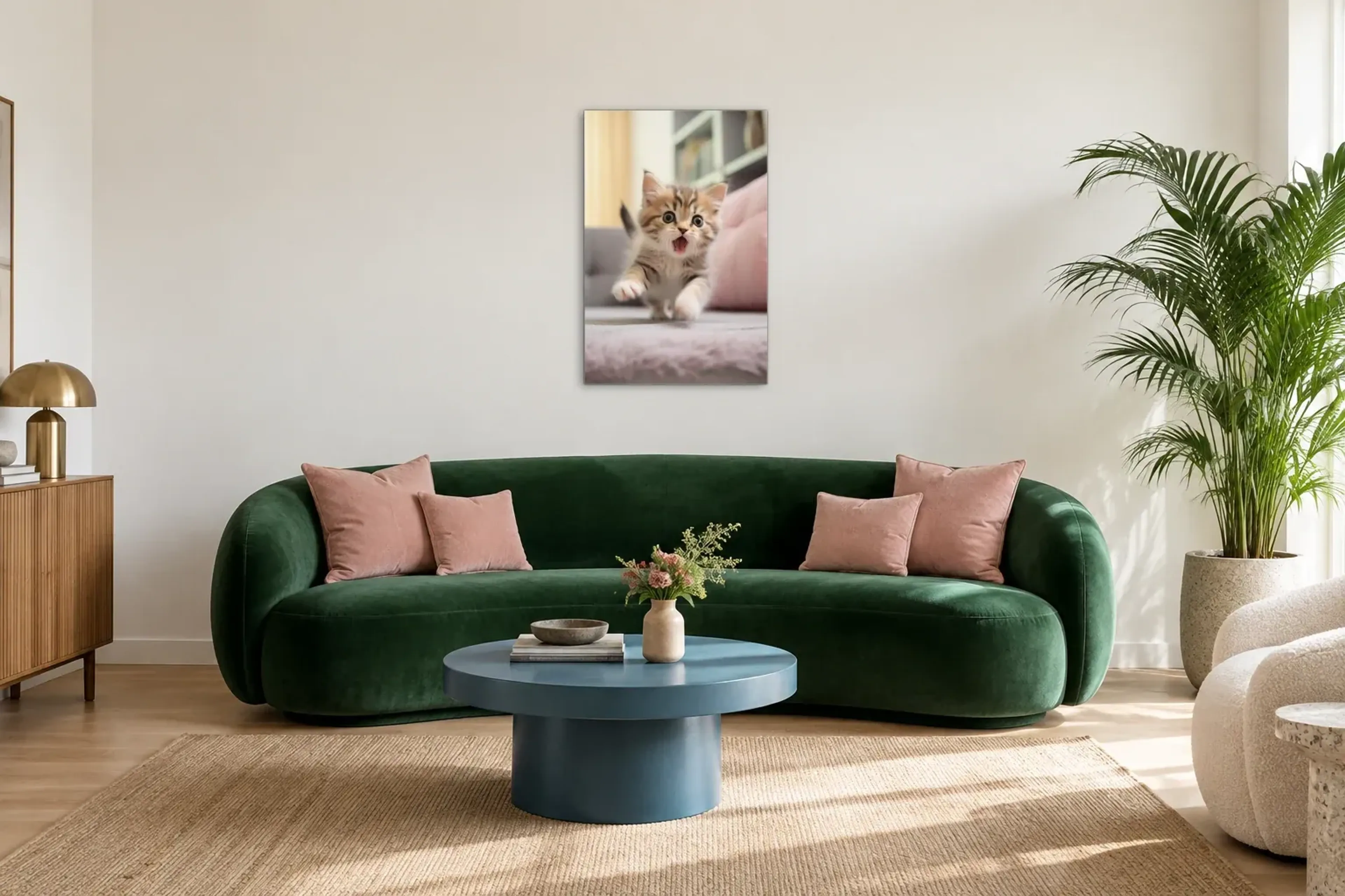 Kätzchen auf Entdeckungstour als Wandbild über einem 220-cm-Sofa
