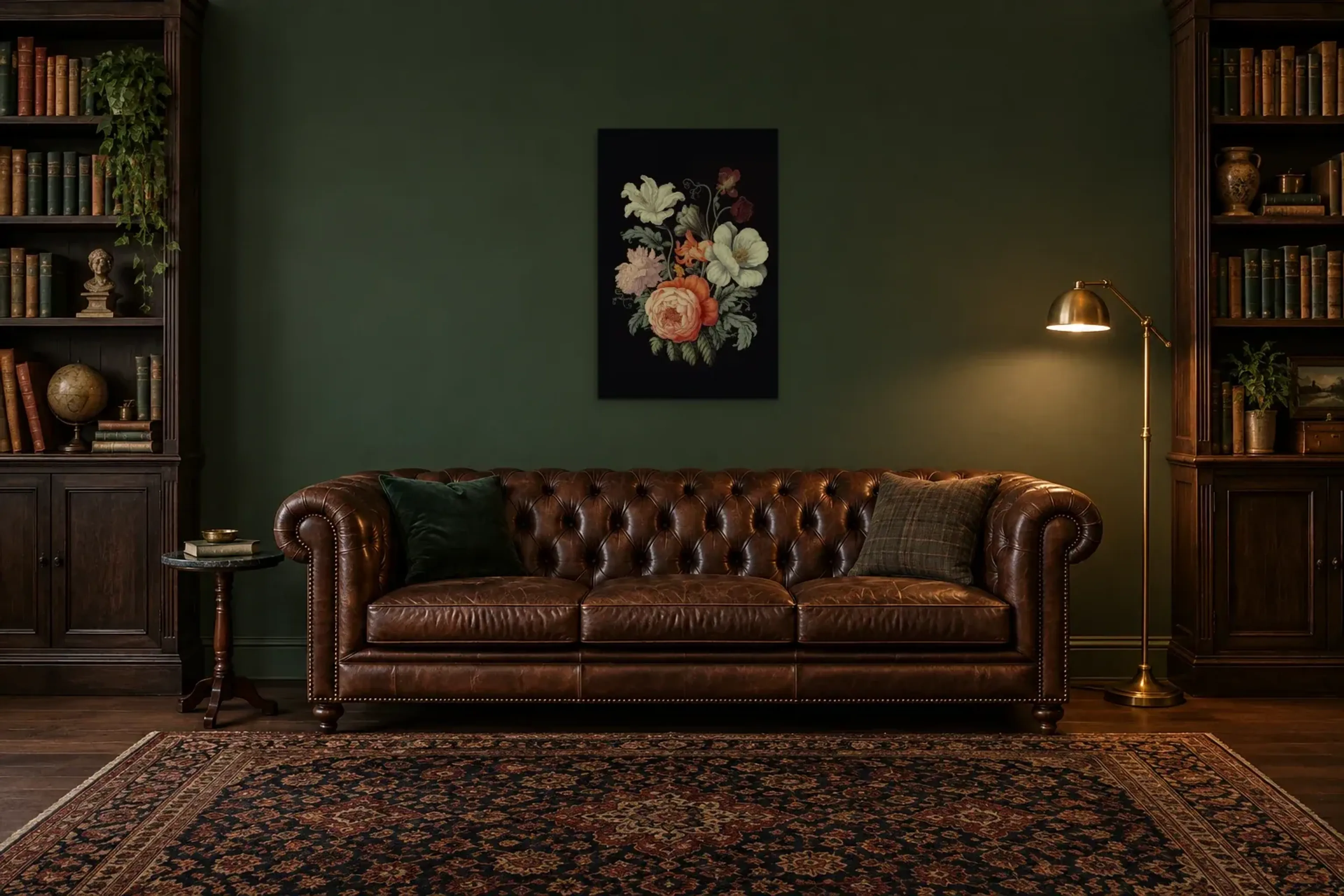 Blüten in der Dunkelheit als Wandbild über einem 200-cm-Chesterfield-Sofa