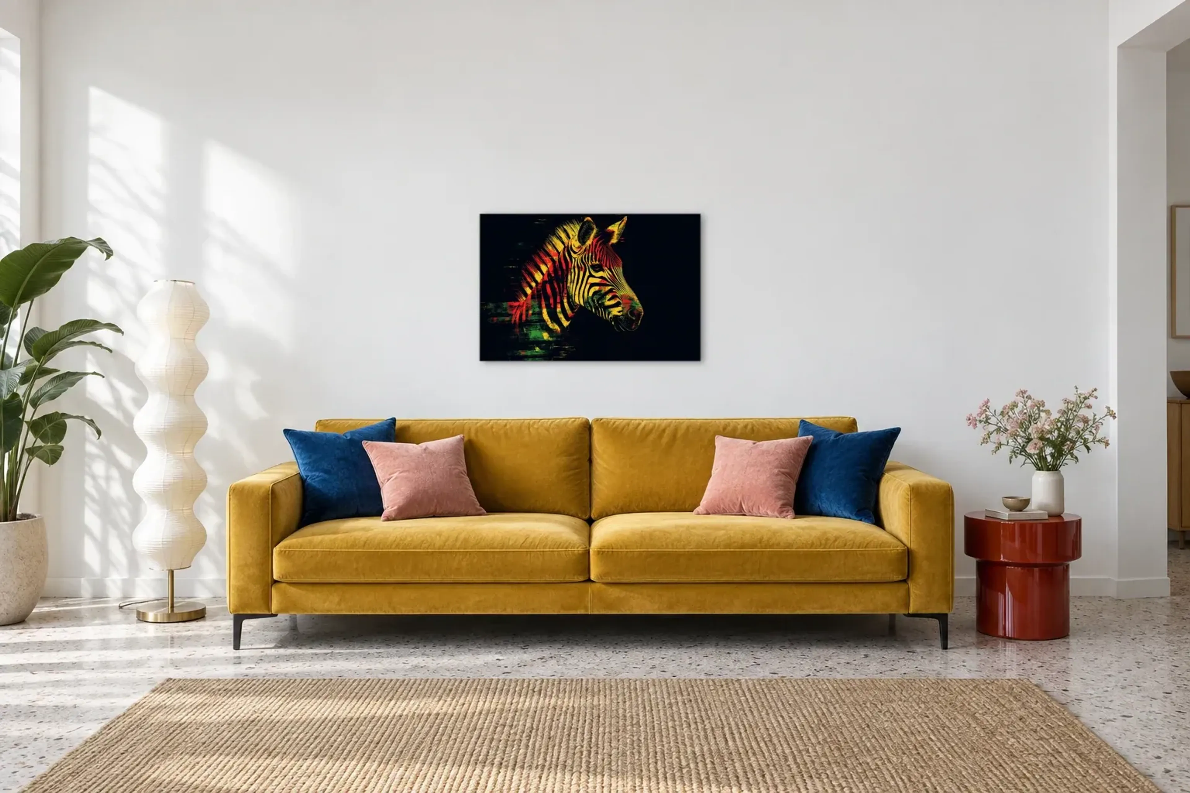 Zebra in Leuchtfarben als Wandbild über einem 220-cm-Sofa