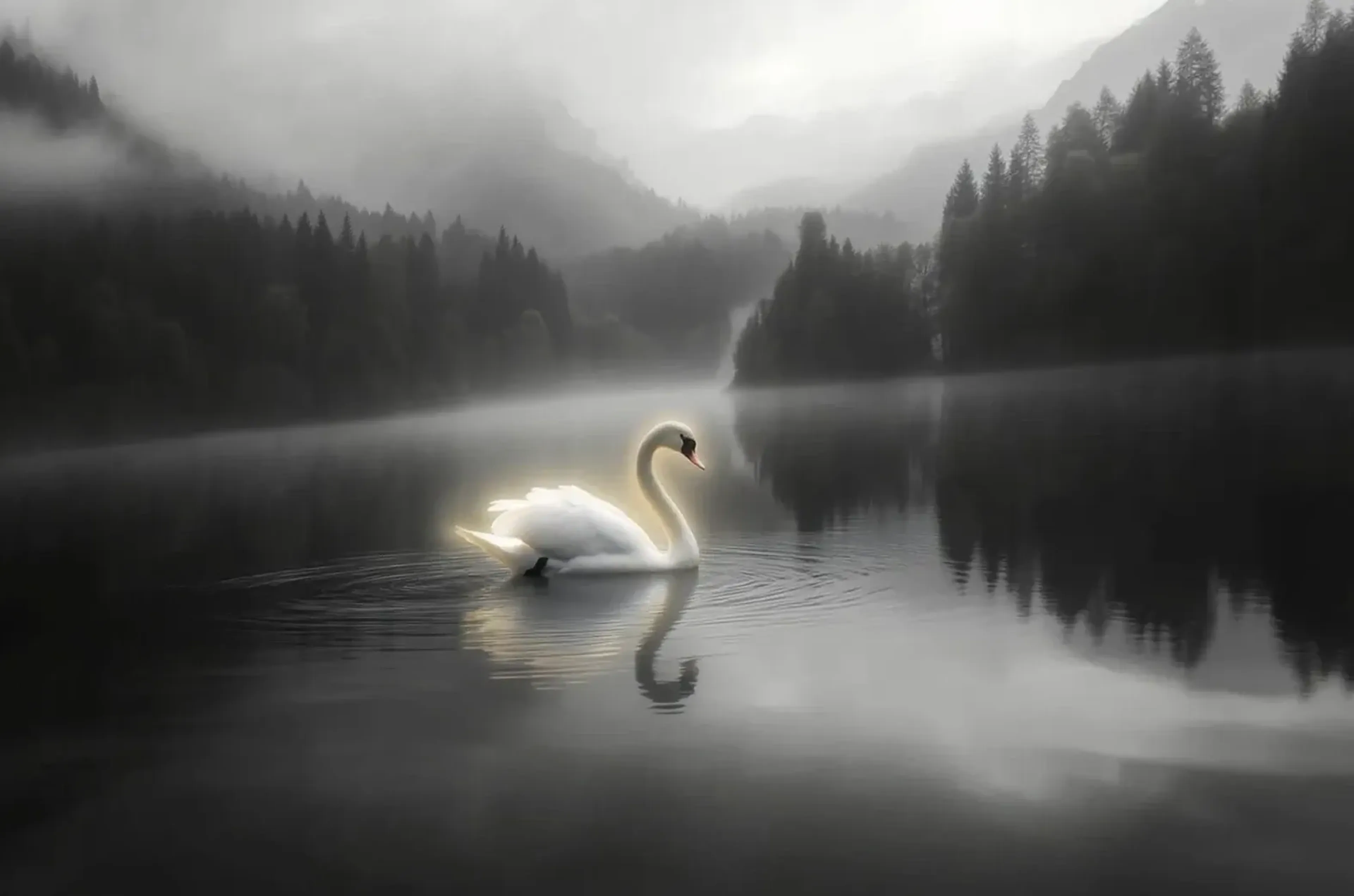 Ein weißer Schwan schwimmt auf einem nebligen See vor bewaldeten Berghängen und spiegelt sich im Wasser.