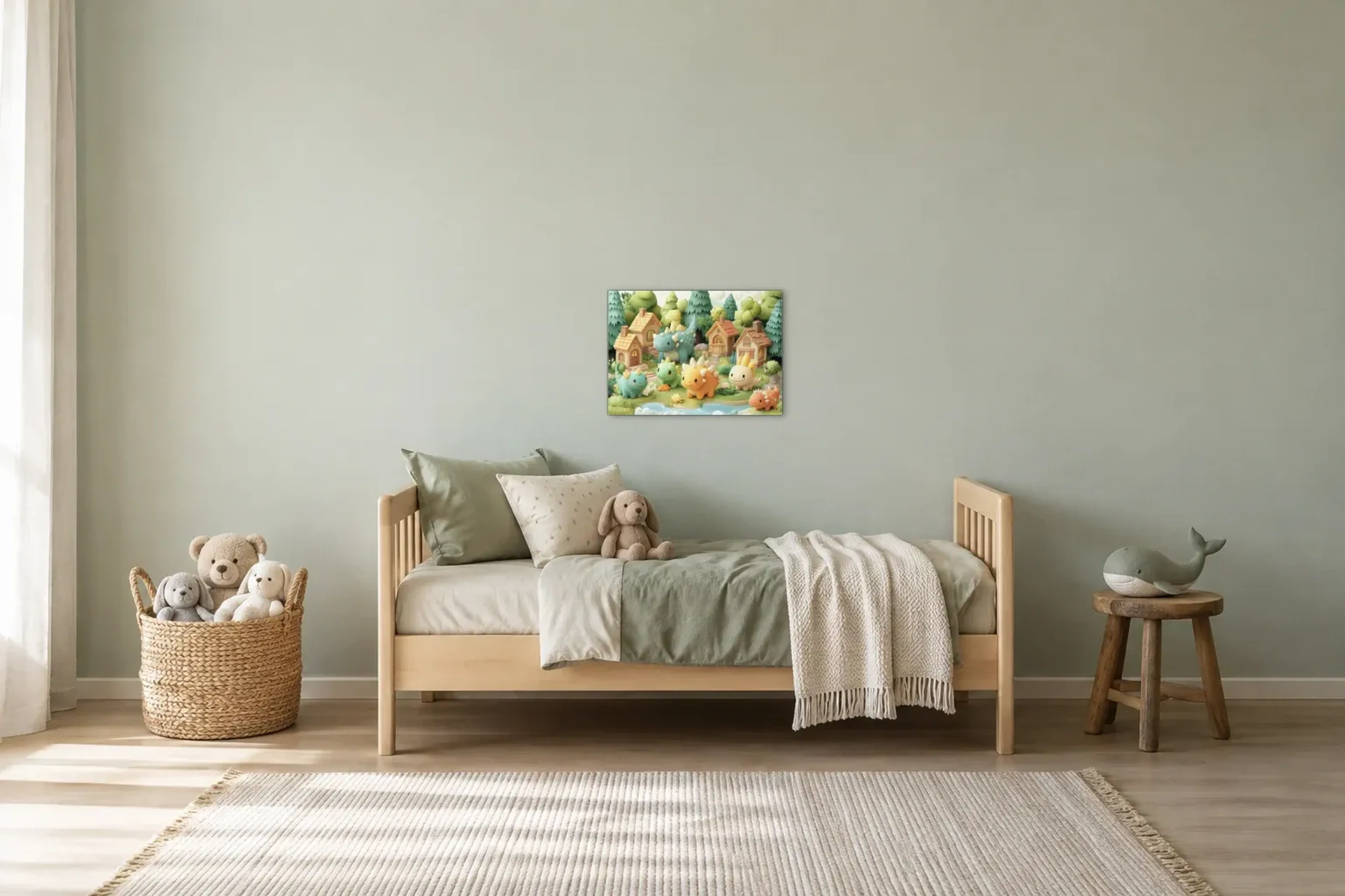 Das kleine Dino-Dorf als Wandbild über einem 200-cm-Kinderbett
