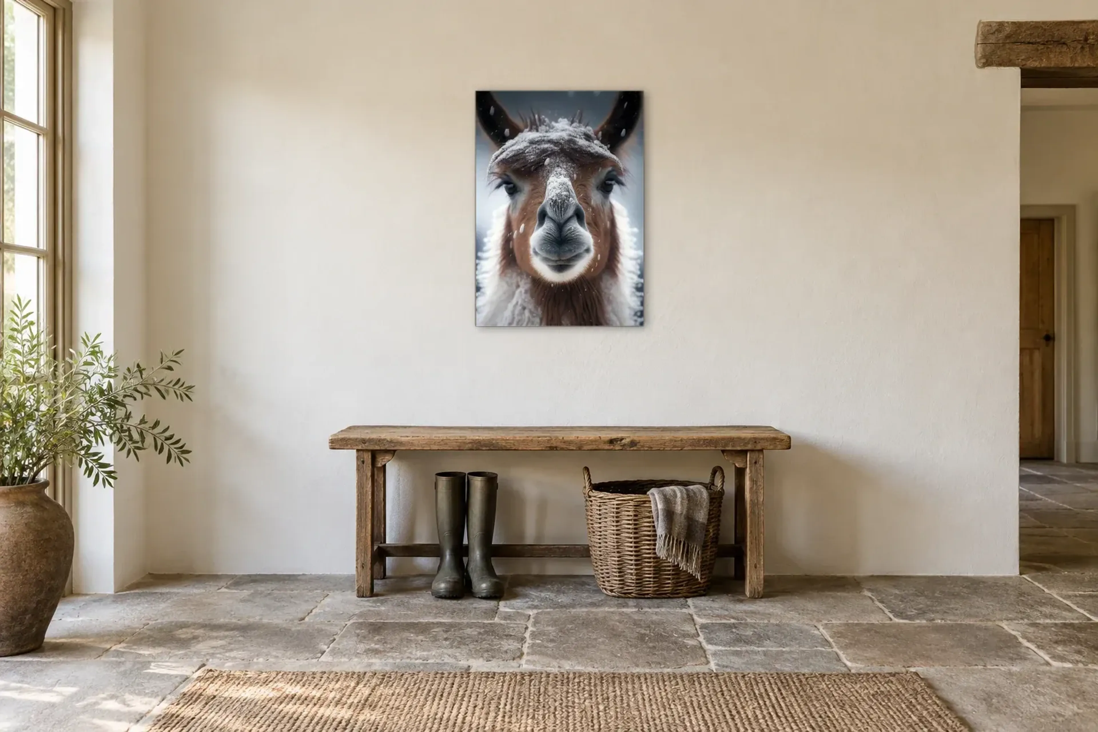 Alpaka im Schnee als Wandbild über einer 120-cm-Bank