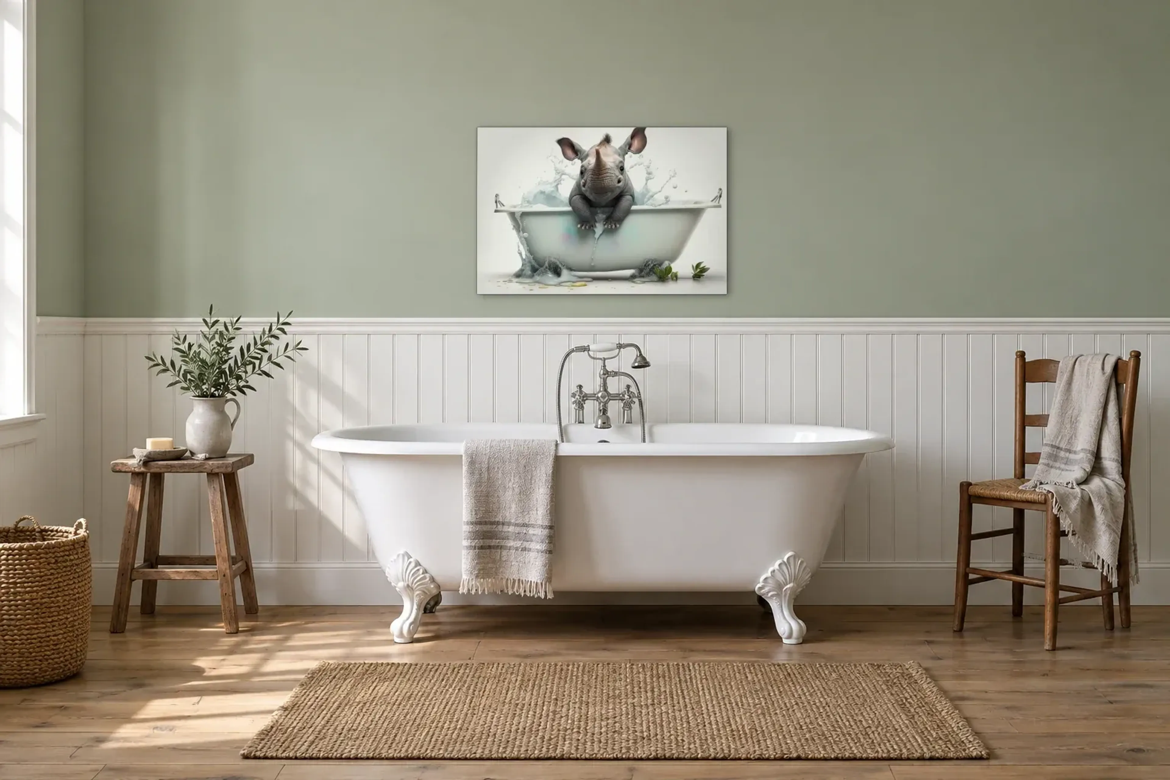 Nashorn beim Planschen als Wandbild über einer 170-cm-Badewanne