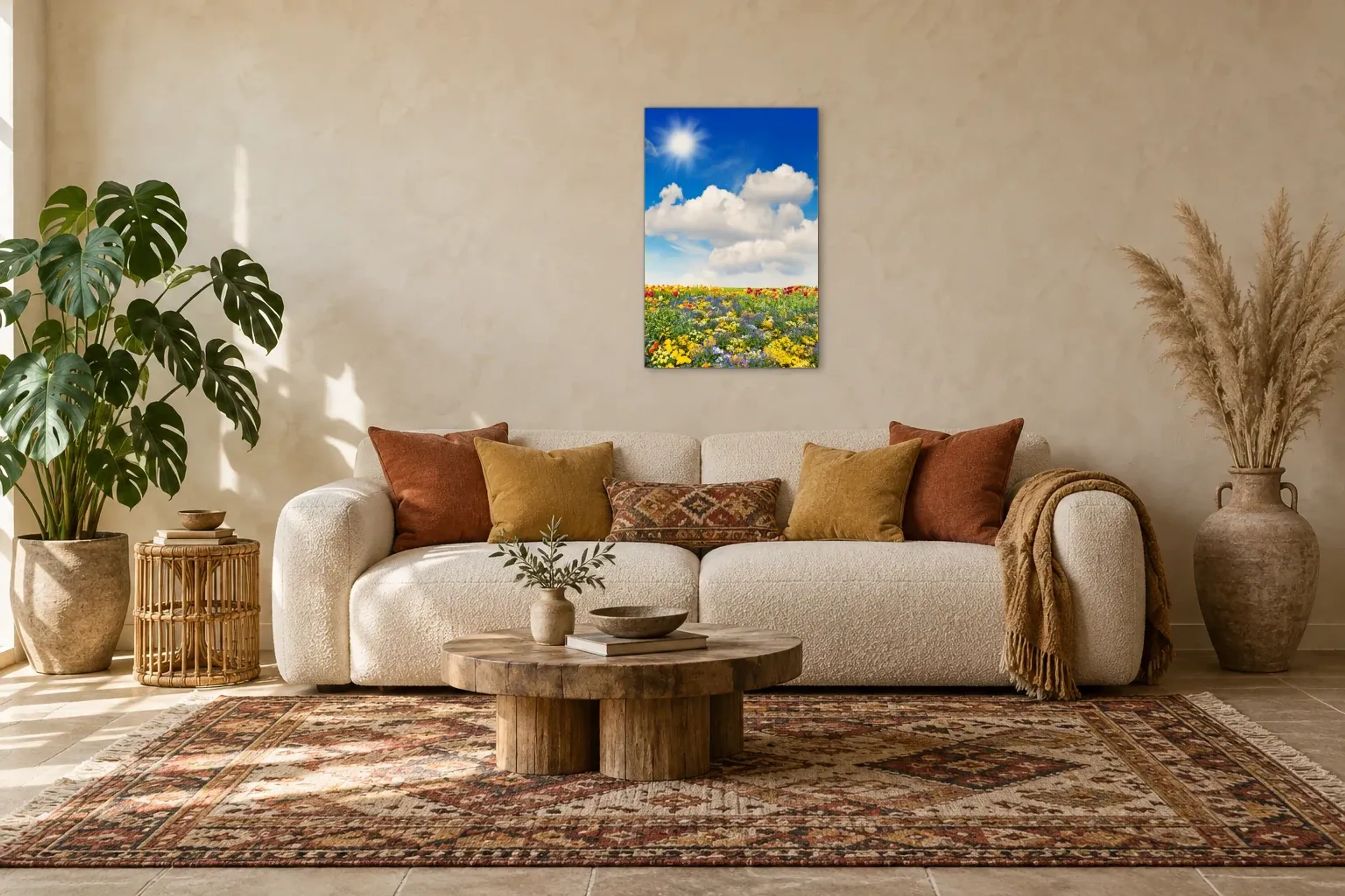 Blumenwiese im Sonnenschein als Wandbild über einem 220-cm-Sofa