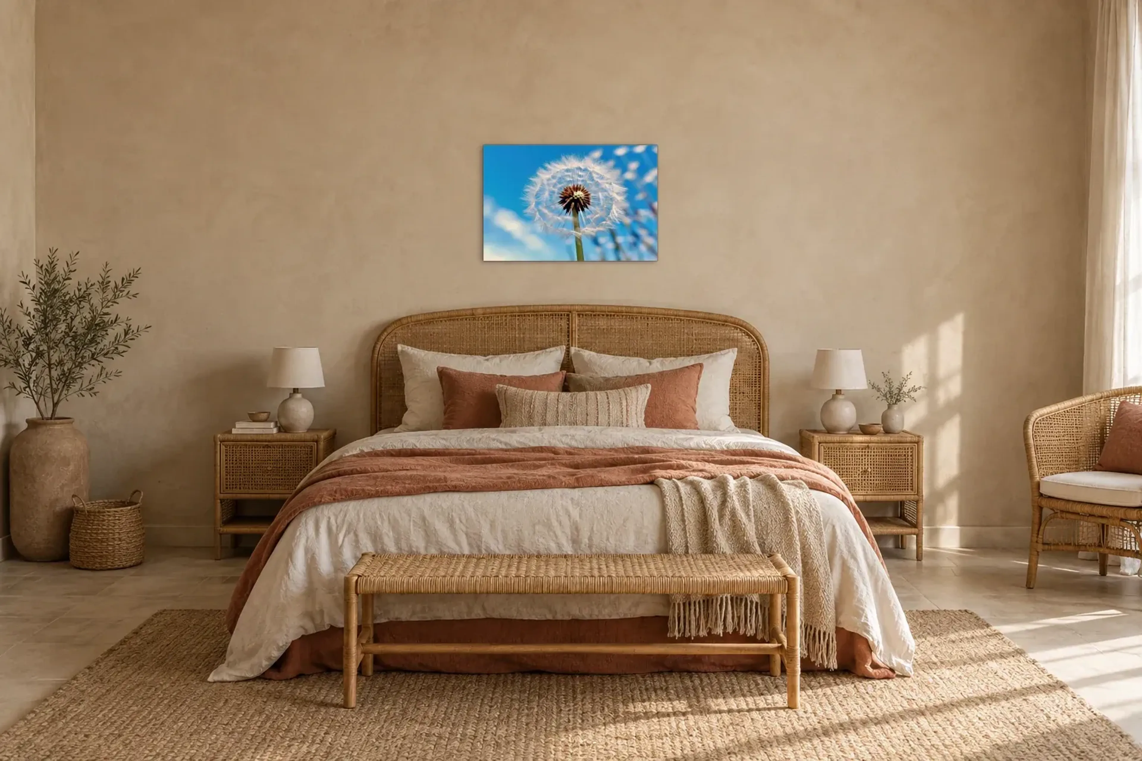 Pusteblume im Himmelsblau als Wandbild über einem 180-cm-Bett