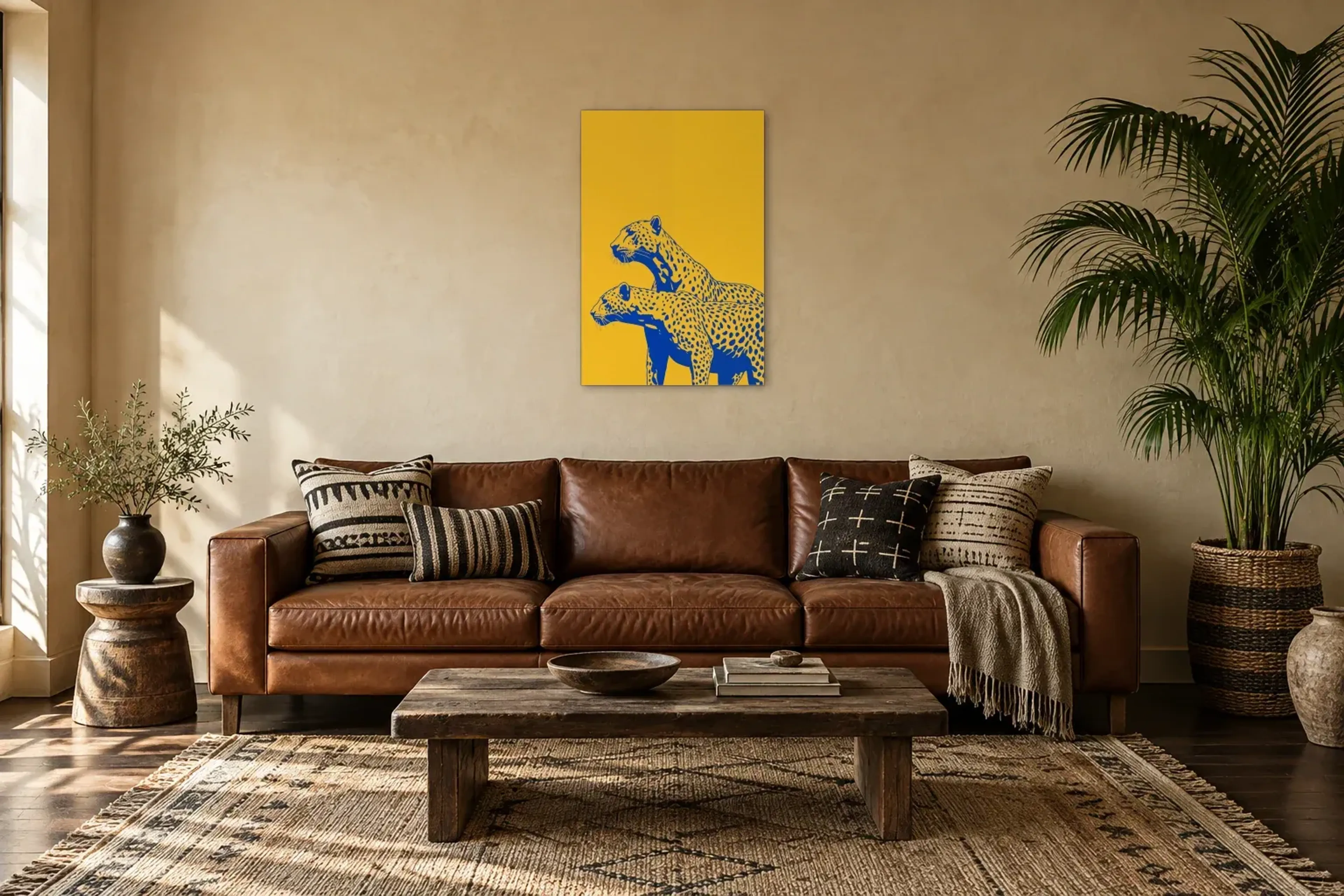 Geparden auf Gelb als Wandbild über einem 220-cm-Sofa