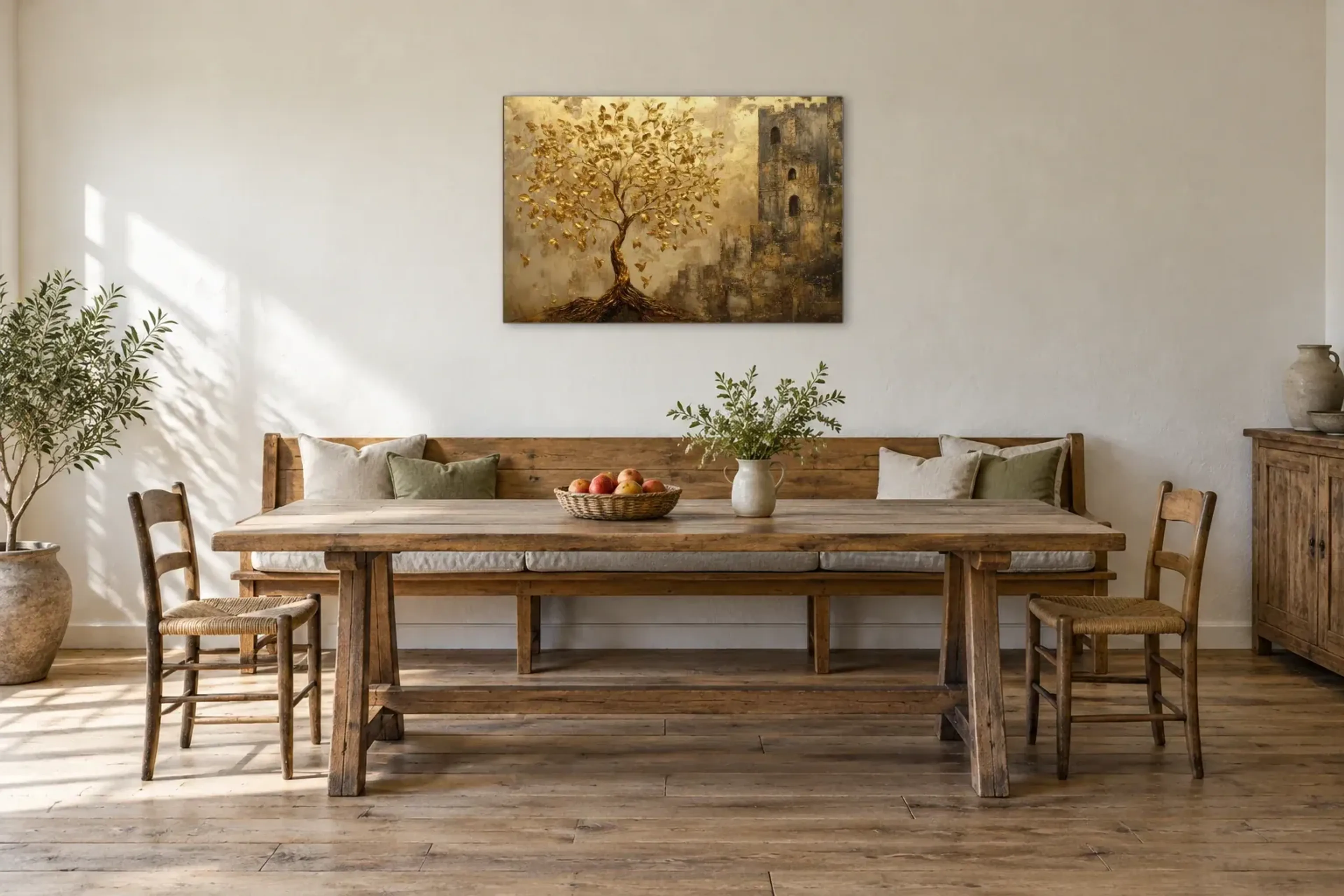 Baum mit goldenen Blättern als Wandbild über einer 200-cm-Sitzbank
