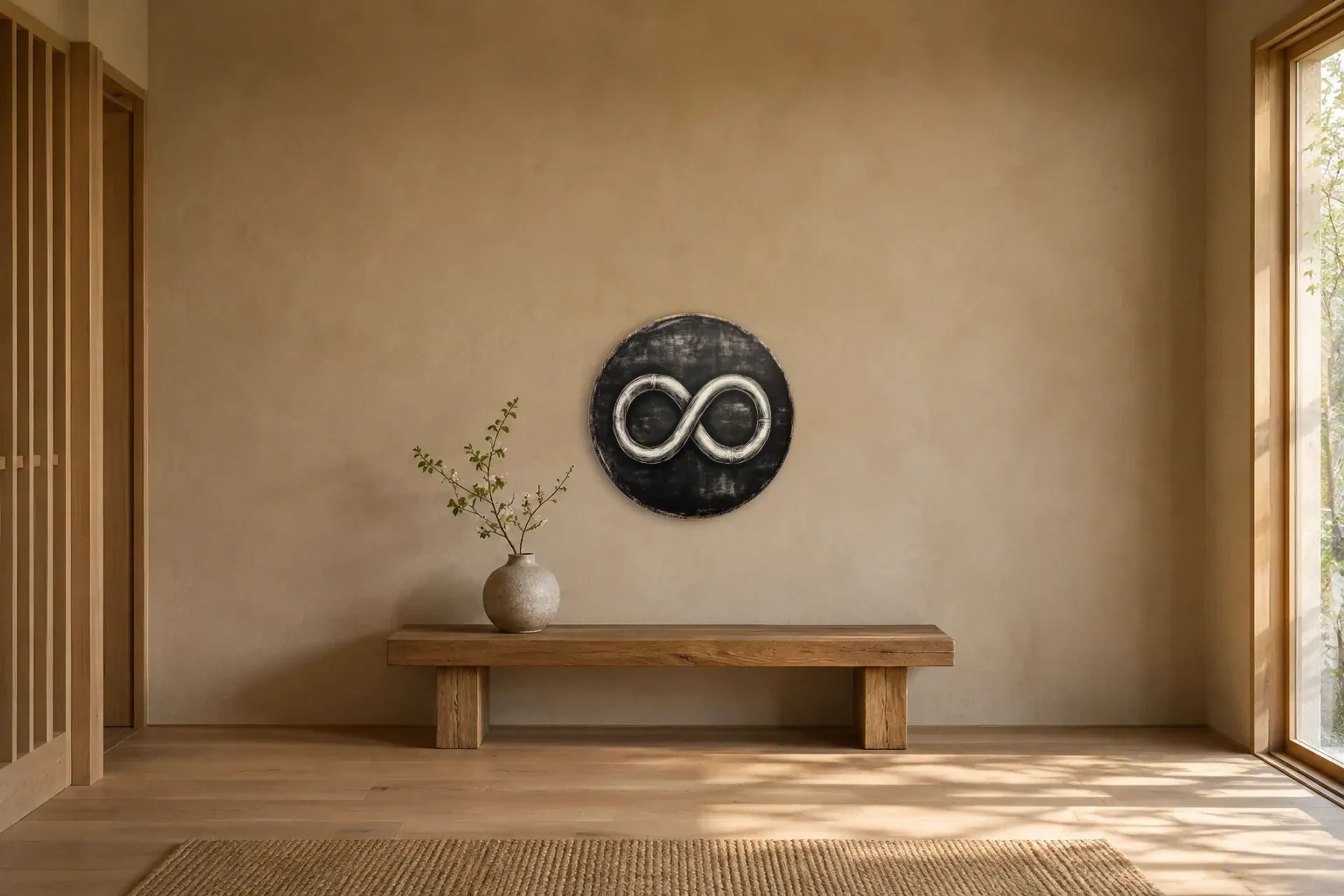 Infinity als Wandbild über einer 120-cm-Holzbank