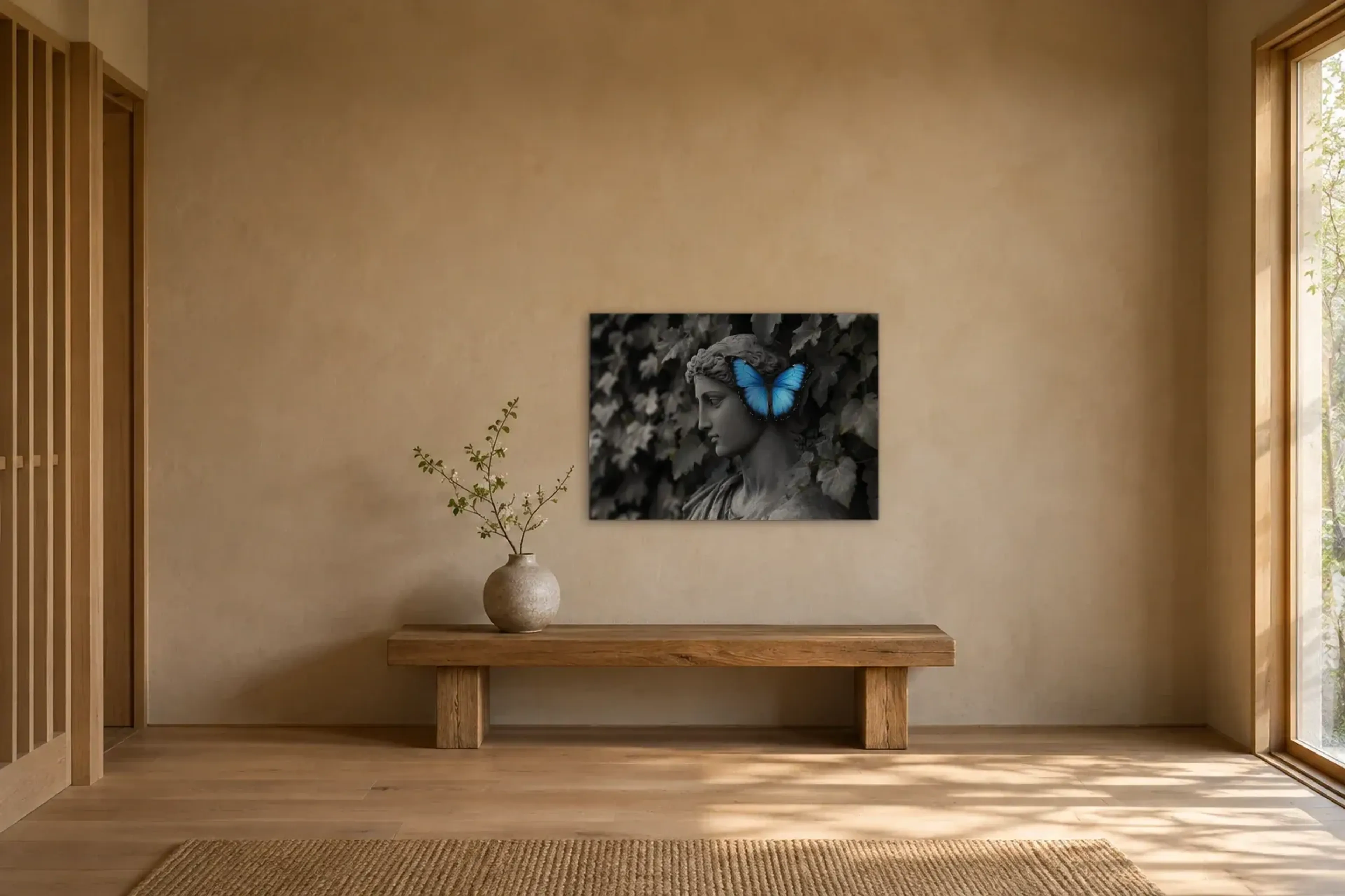 Statue mit blauem Schmetterling als Wandbild über einer 120-cm-Holzbank