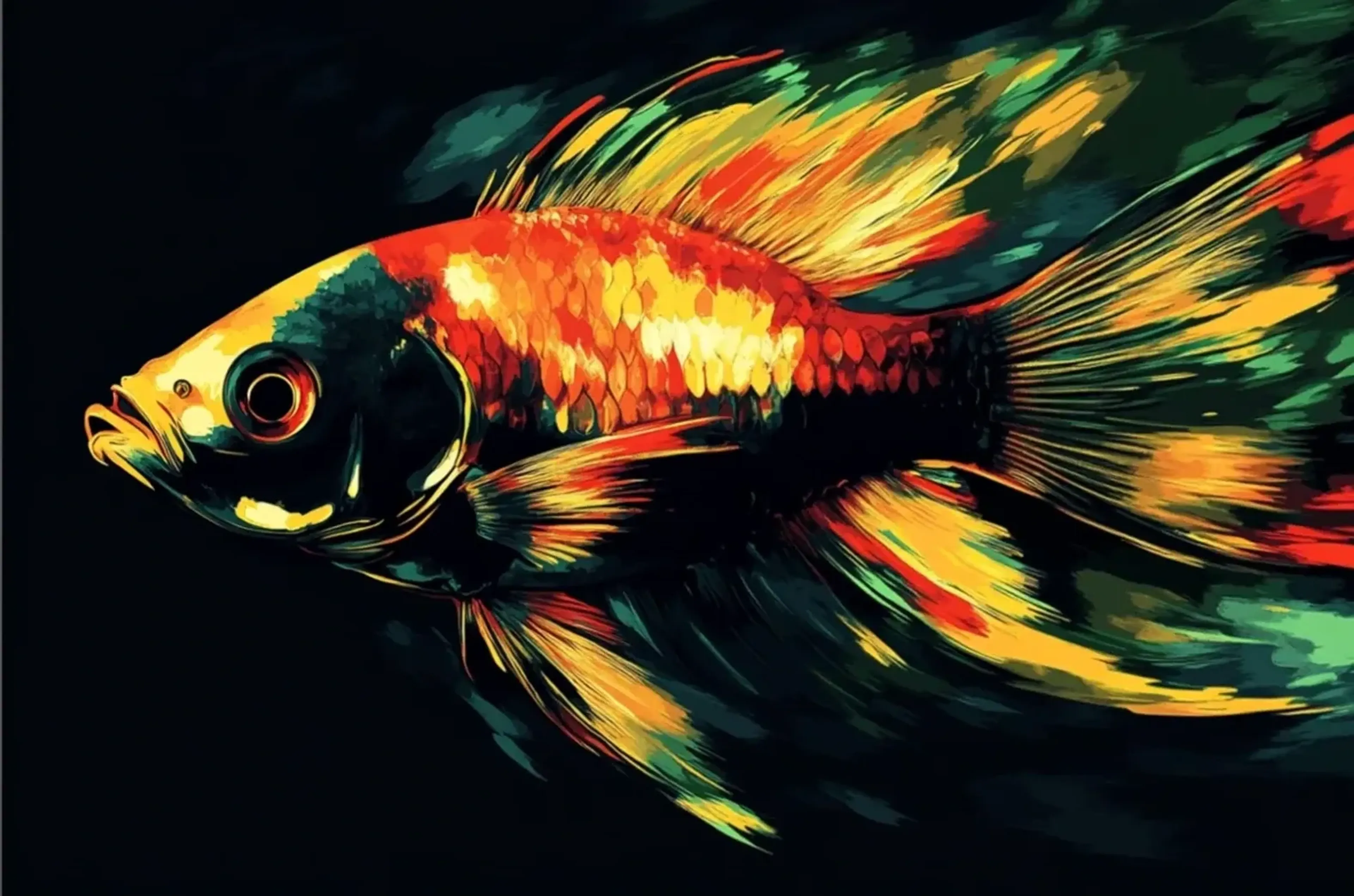 Fisch nach links mit rot-gelben Schuppen und langen, grün-gelb-roten Flossen vor fast schwarzem Hintergrund.