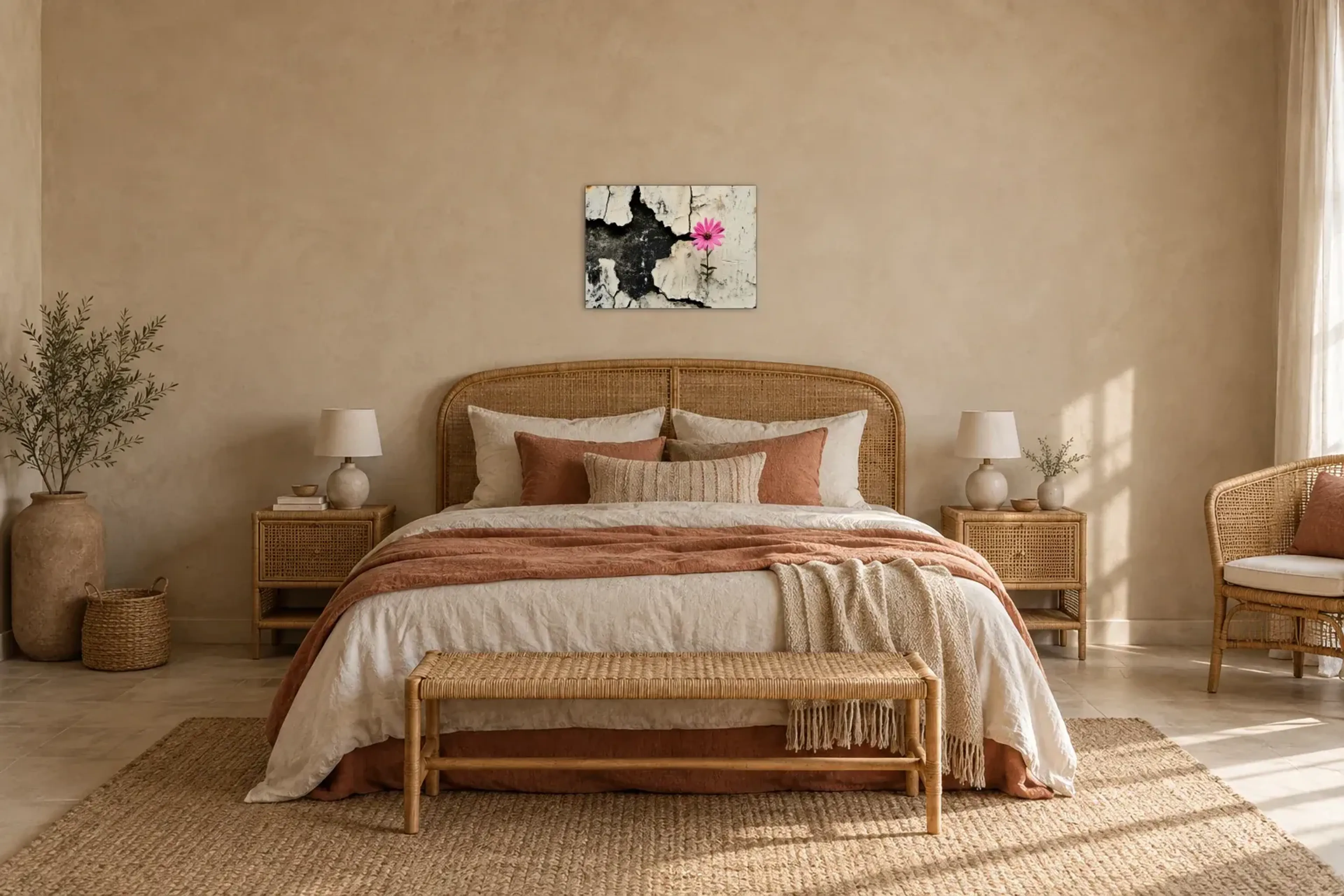 Blüte in der Mauer als Wandbild über einem 180-cm-Bett