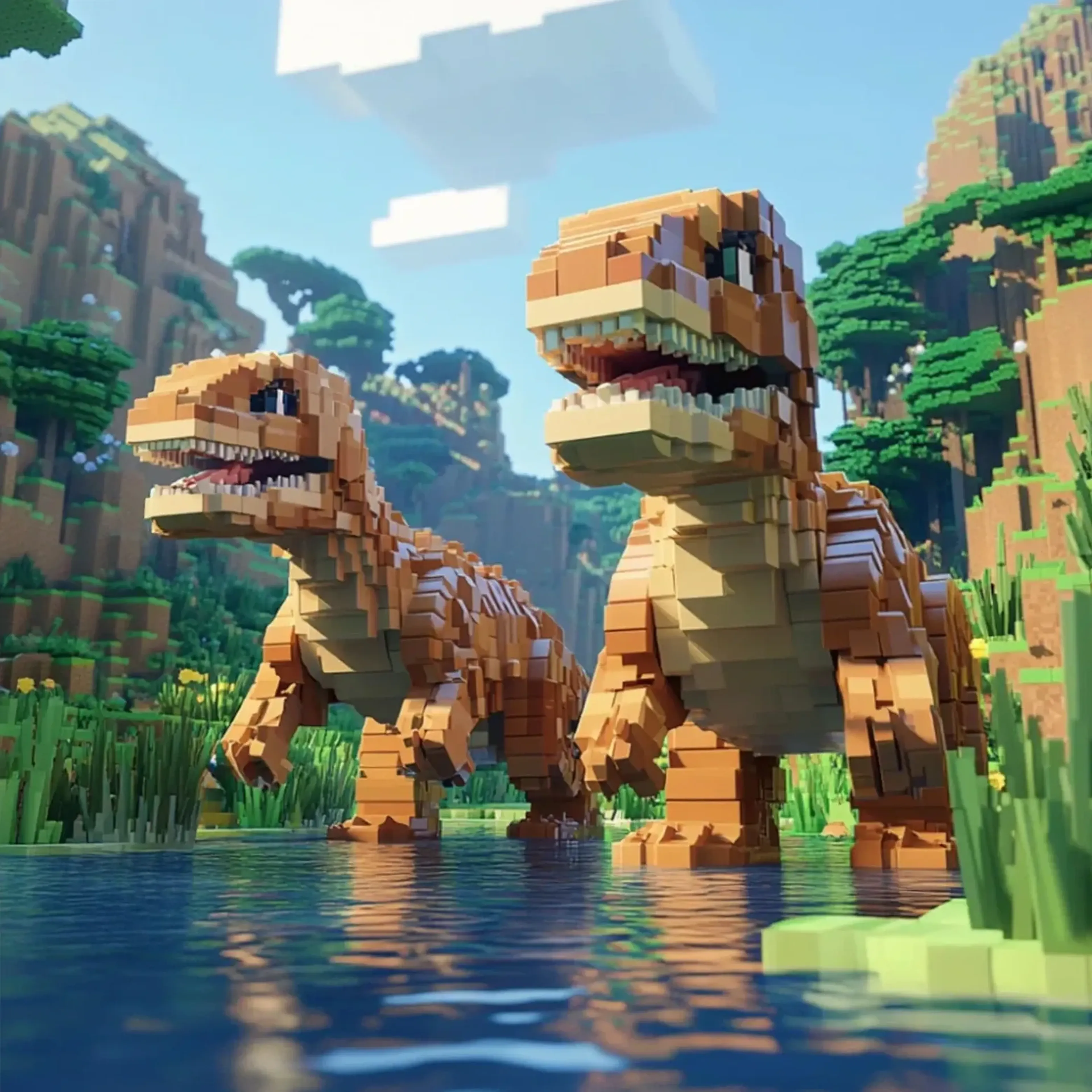Blockdinos am Fluss – Motiv als Wandbild auf Holz