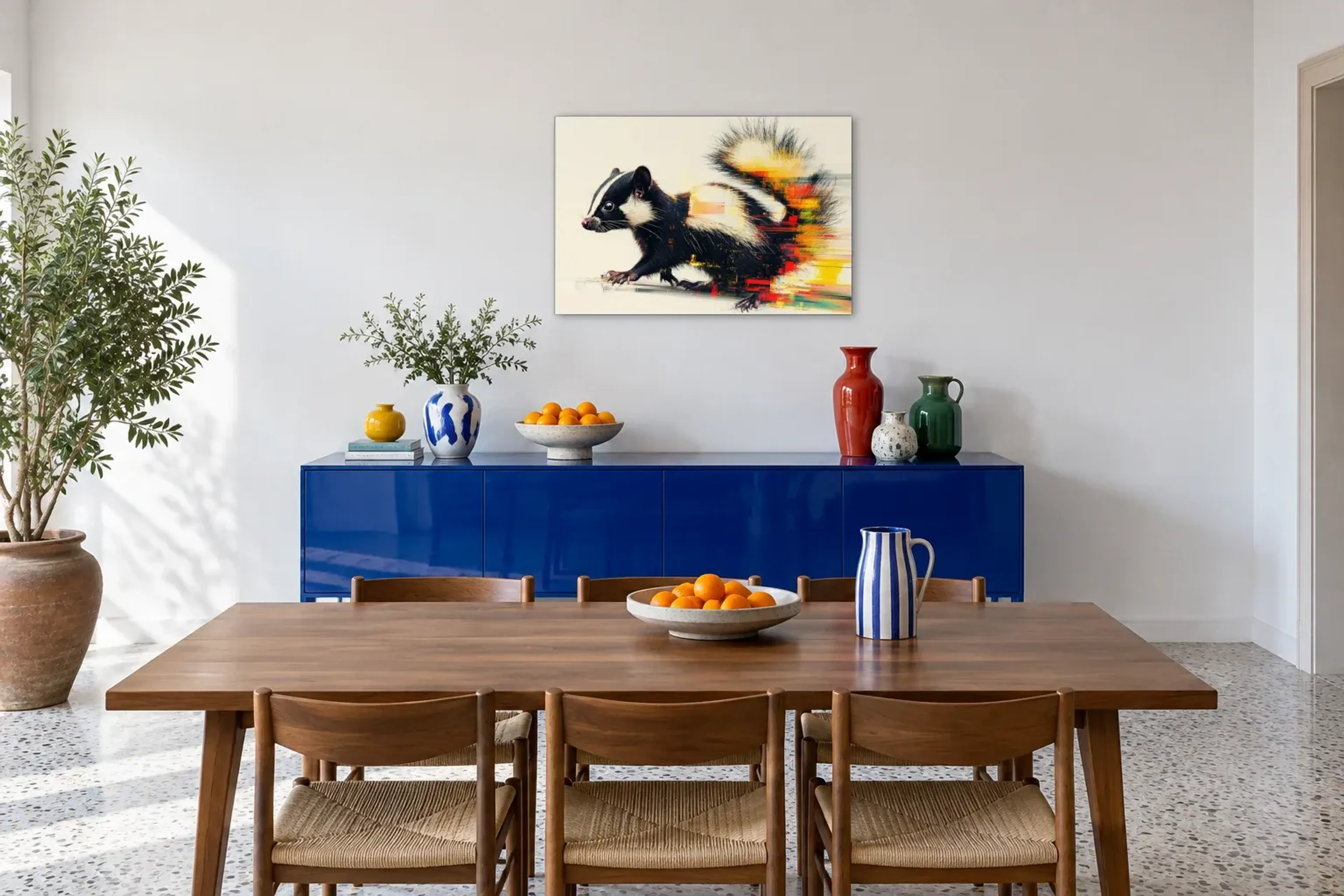 Stinktier mit buschigem Schwanz als Wandbild über einem 180-cm-Sideboard