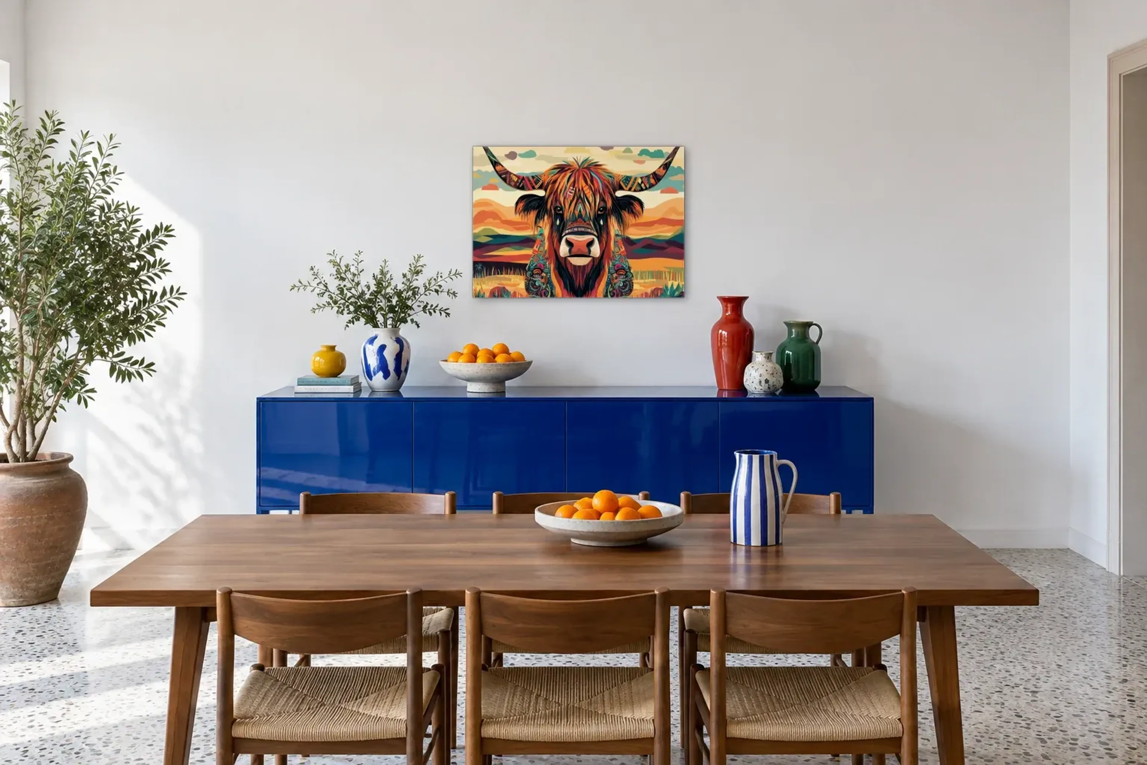 Hochlandrind voller Muster als Wandbild über einem 180-cm-Sideboard