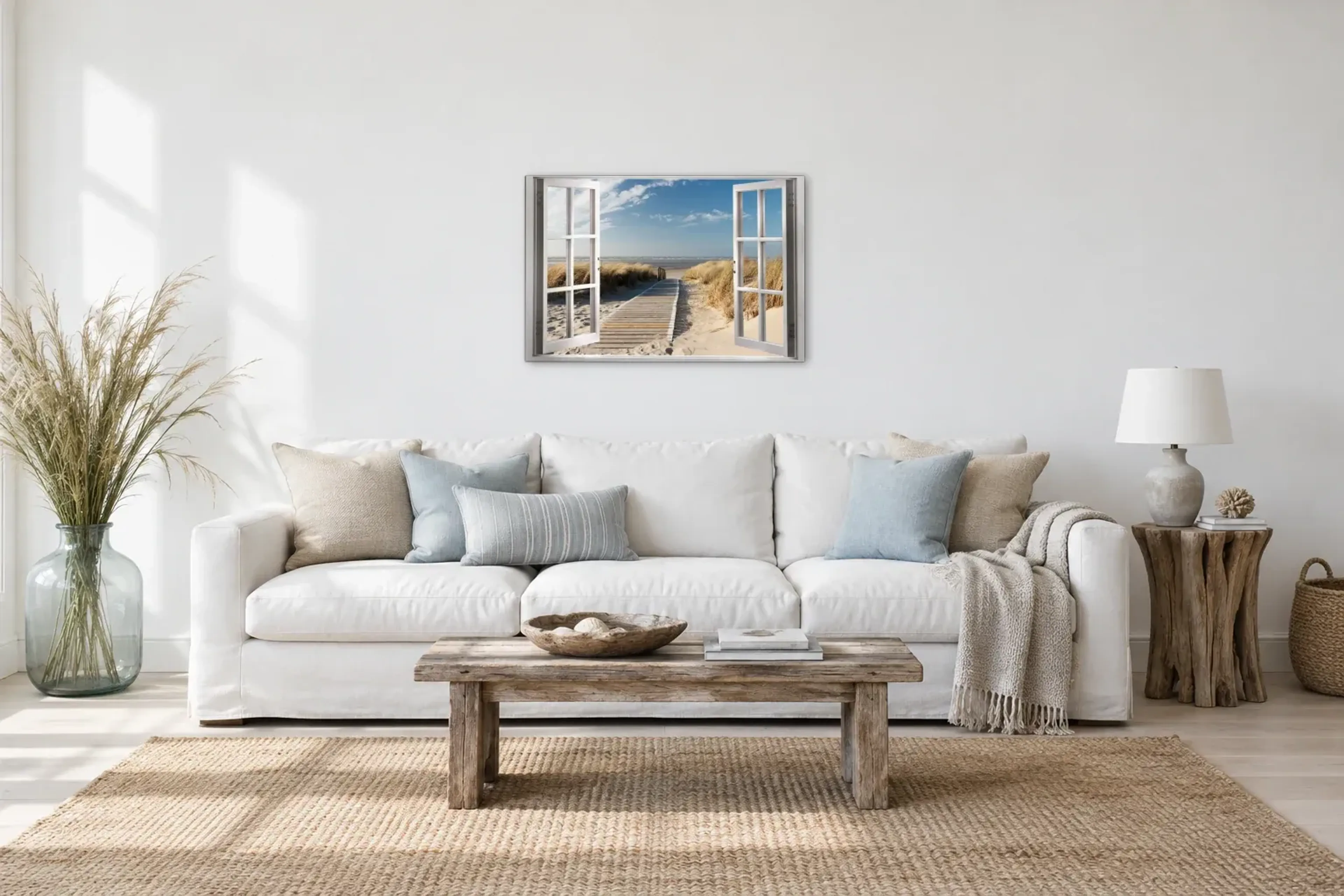 Dünenweg zum Meer als Wandbild über einem 220-cm-Sofa
