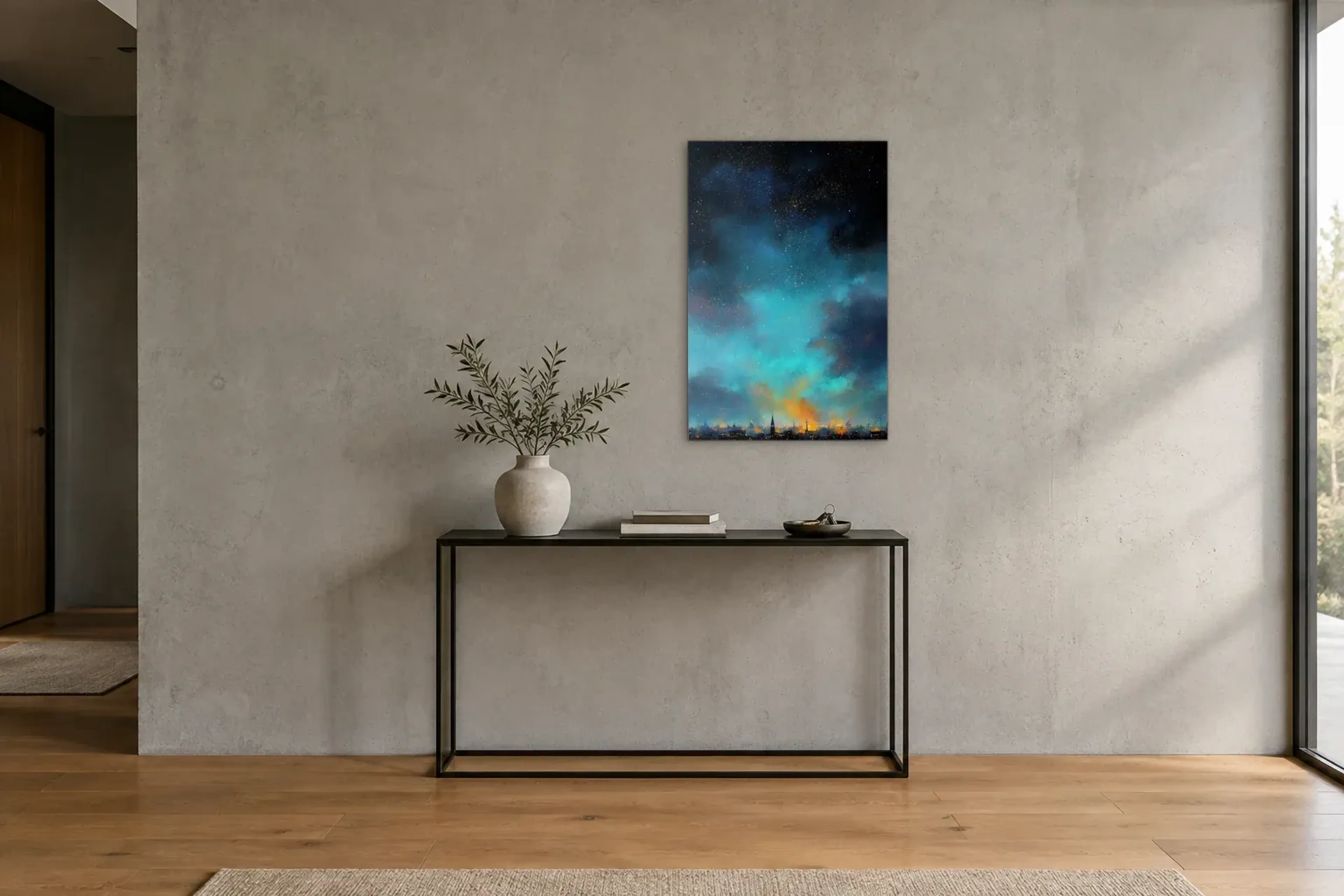 Sternenhimmel über Hamburg als Wandbild über einer 120-cm-Konsole