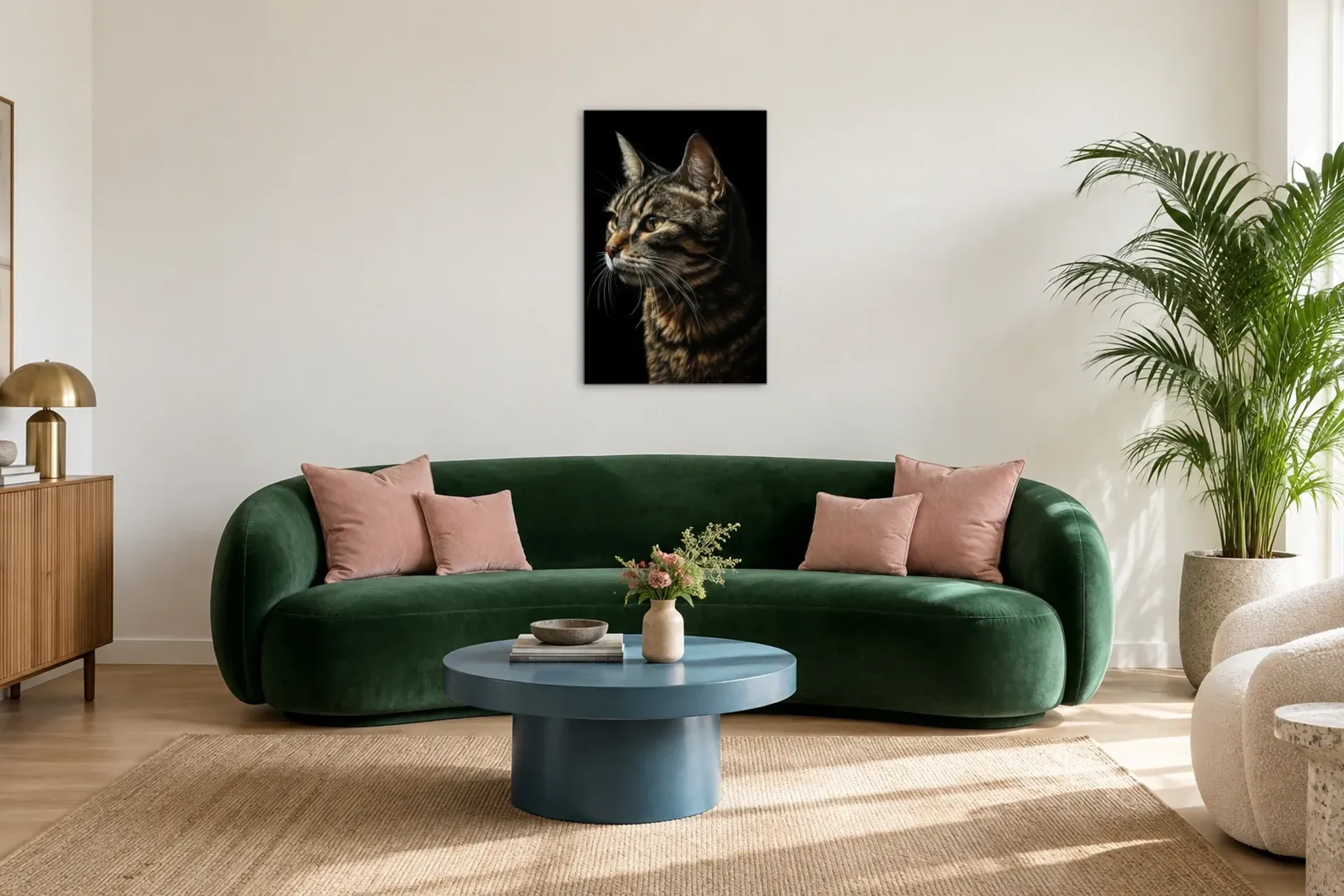 Katze im Seitenlicht als Wandbild über einem 220-cm-Sofa