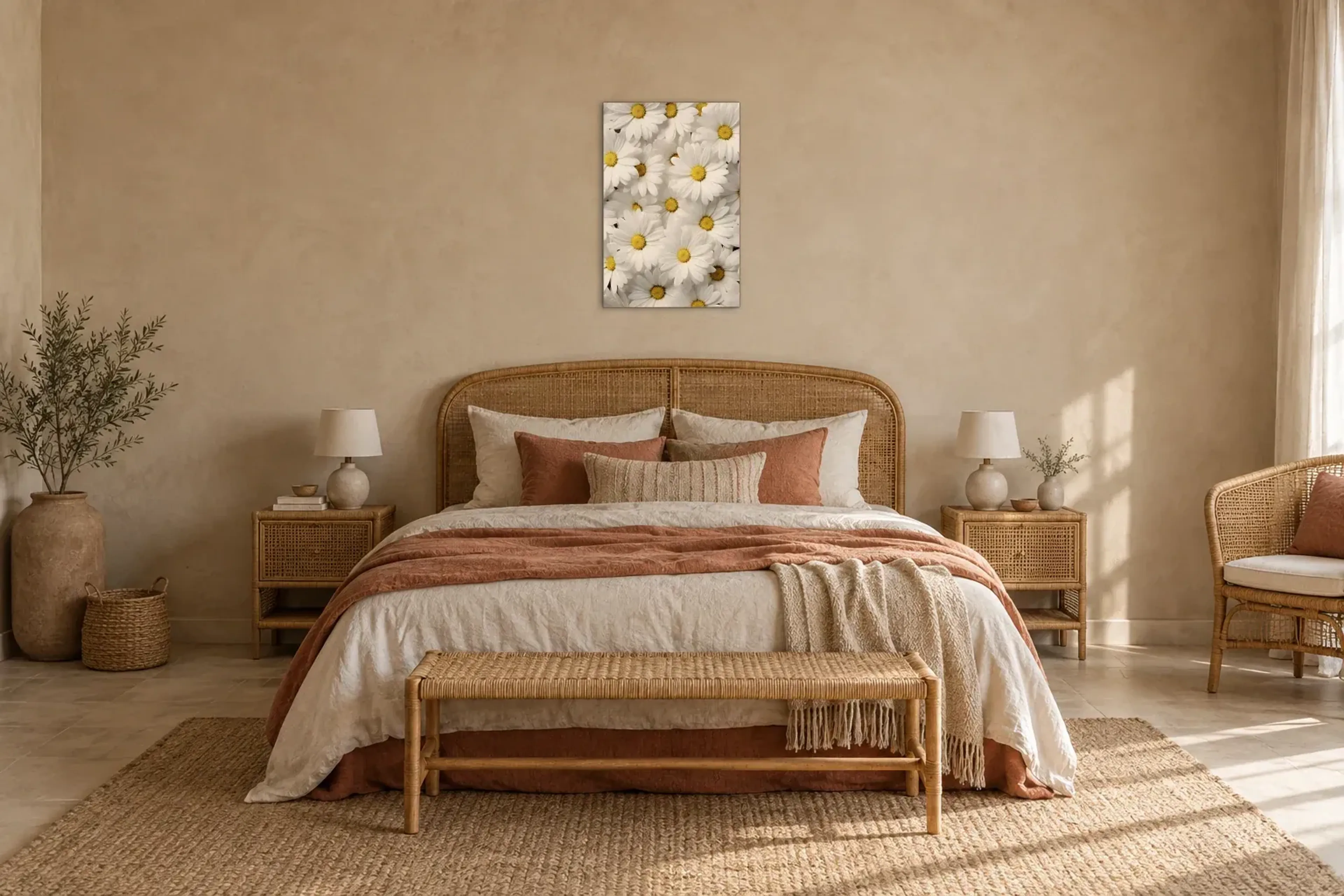 Gänseblümchen in Weiß als Wandbild über einem 180-cm-Bett