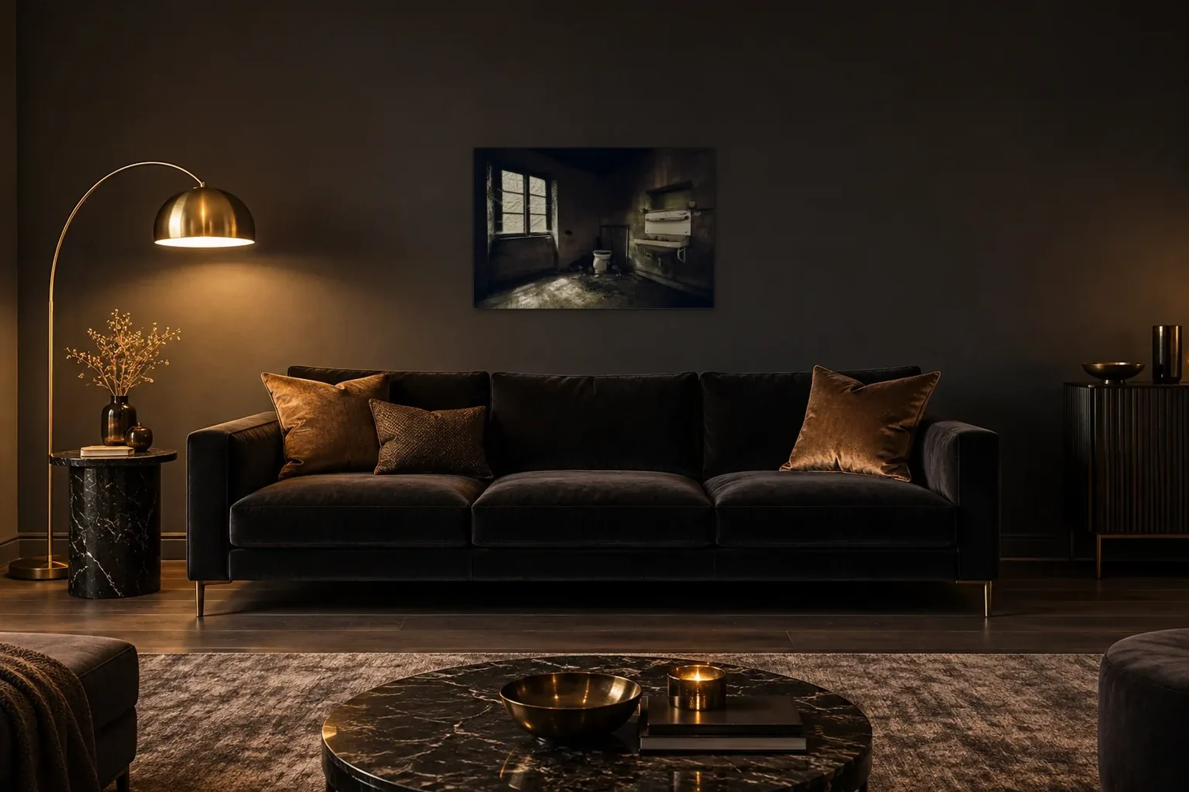 Lost Place WC als Wandbild über einem 220-cm-Sofa