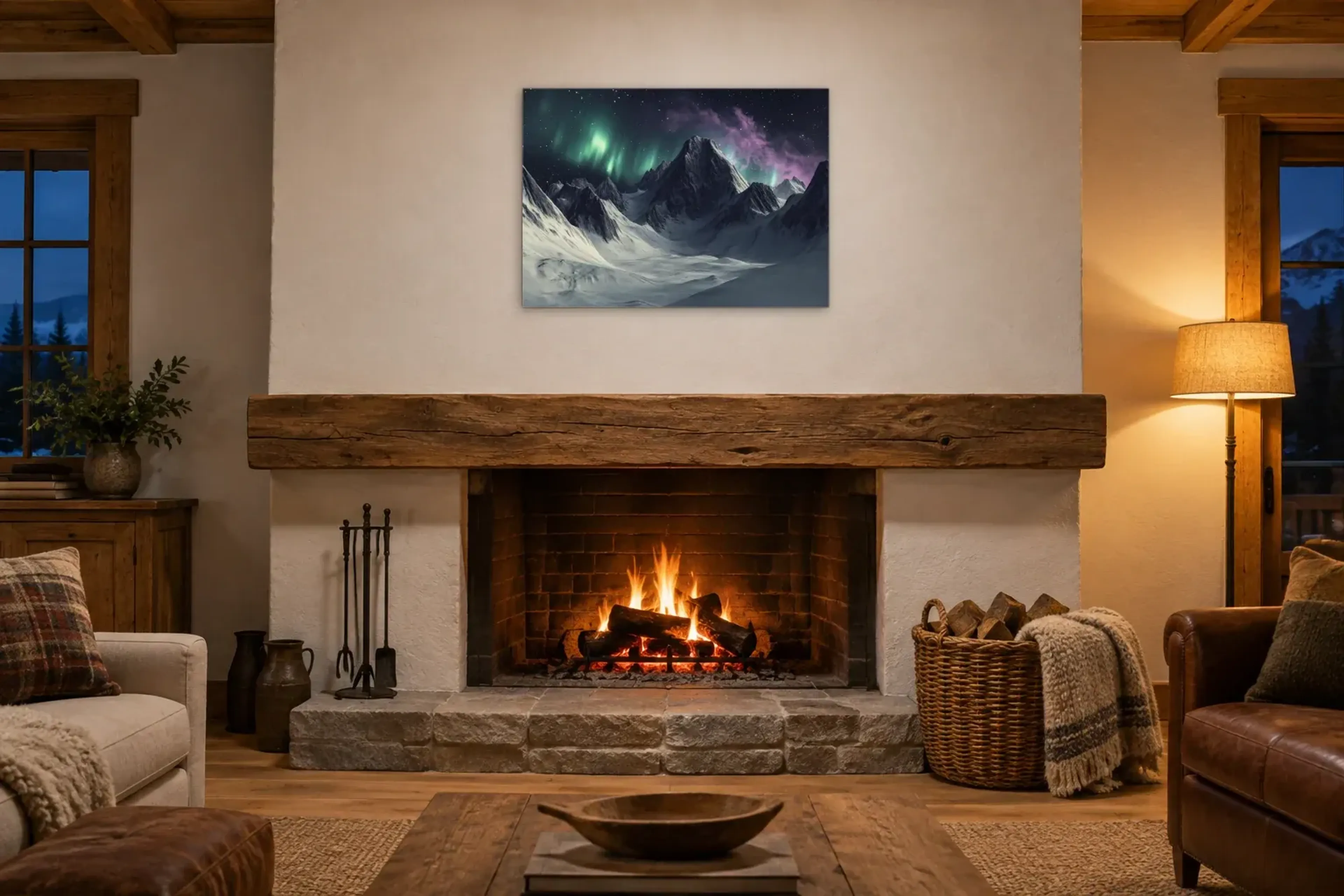 Polarlicht als Wandbild über einem 180-cm-Kaminsims