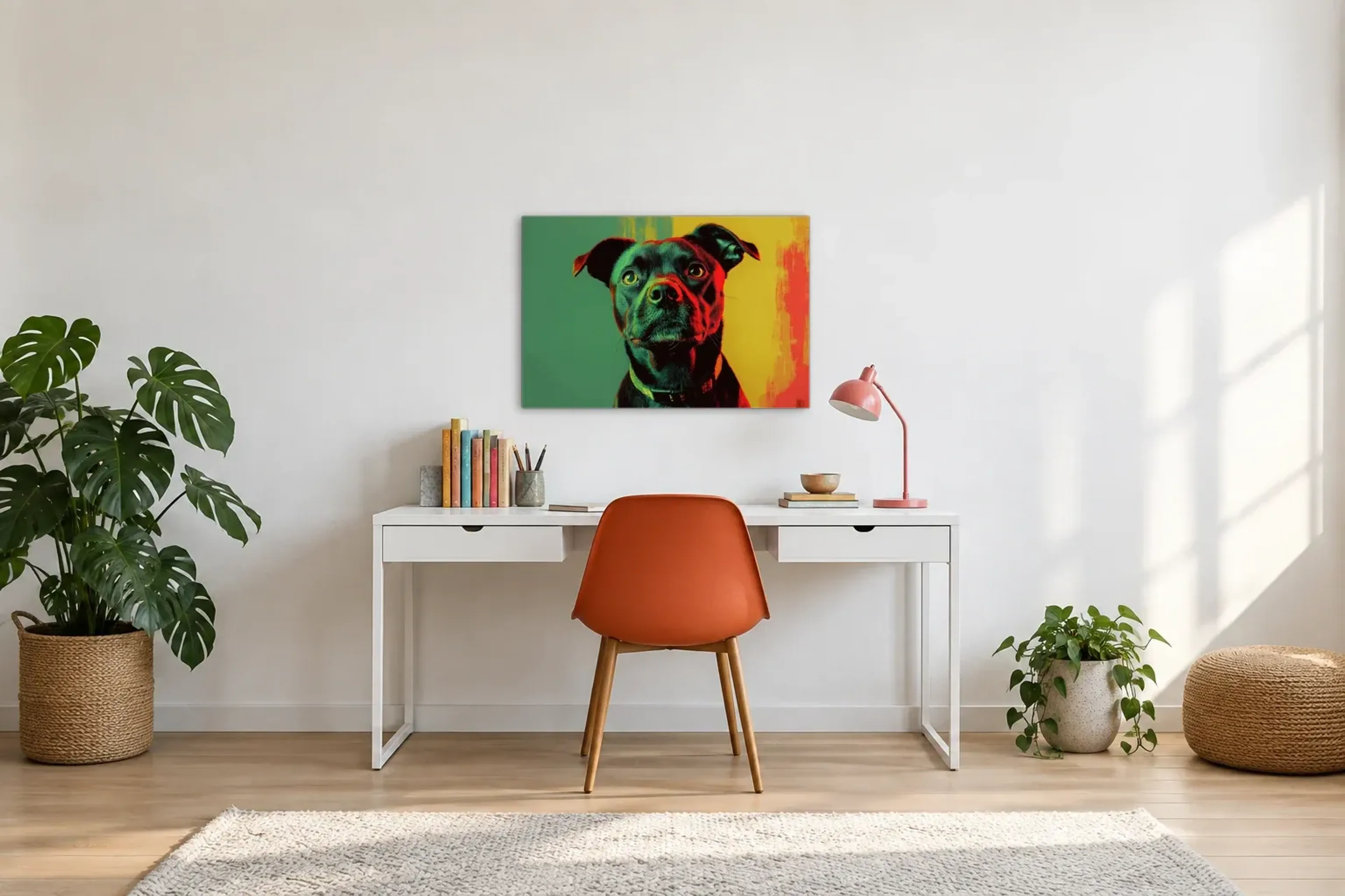 Mischling mit treuem Blick als Wandbild über einem 140-cm-Schreibtisch