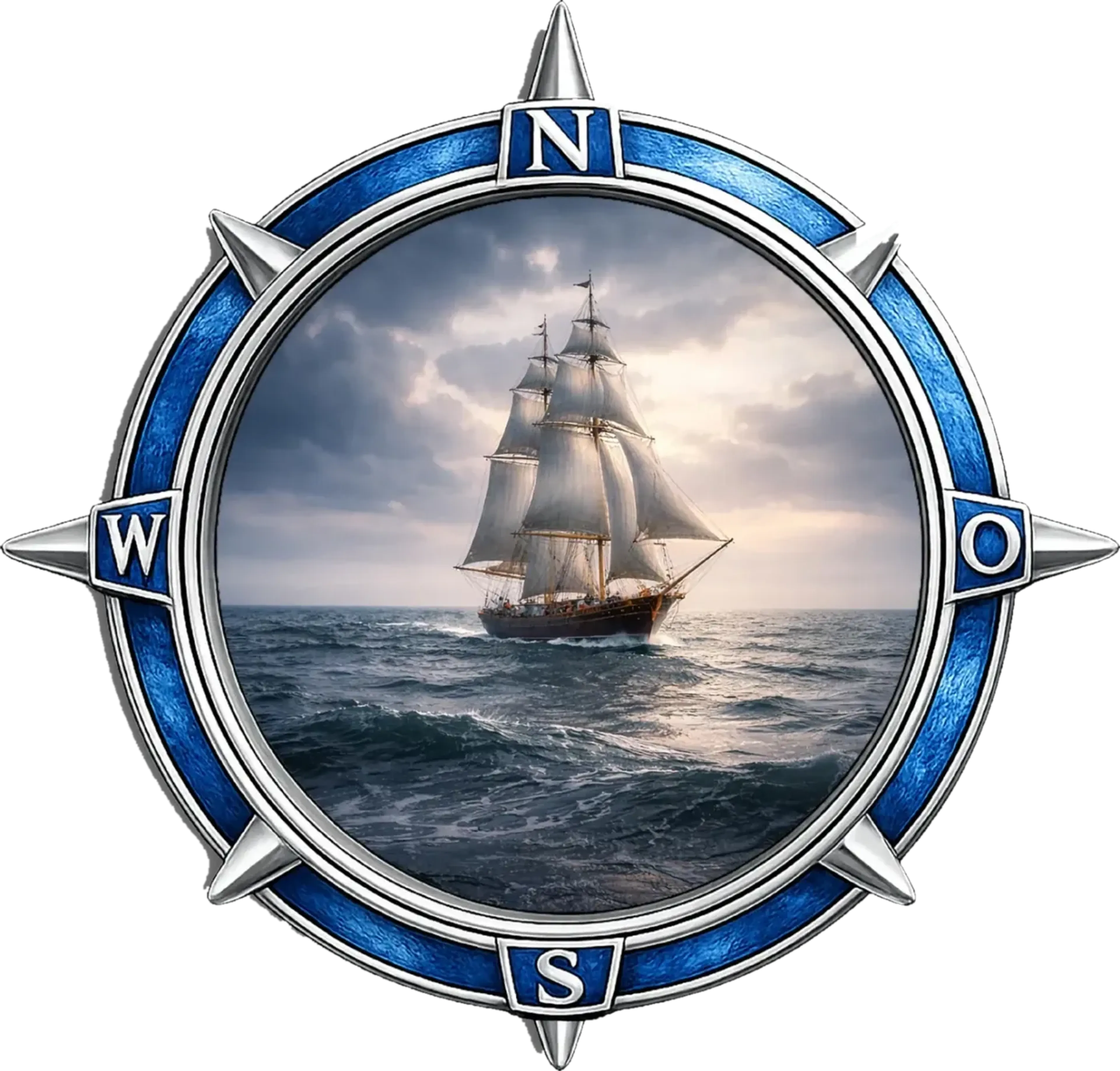 Segelschiff auf bewegtem Meer unter warm beleuchteten Wolken, umgeben von einem blau-silberfarbenen Kompassmotiv.