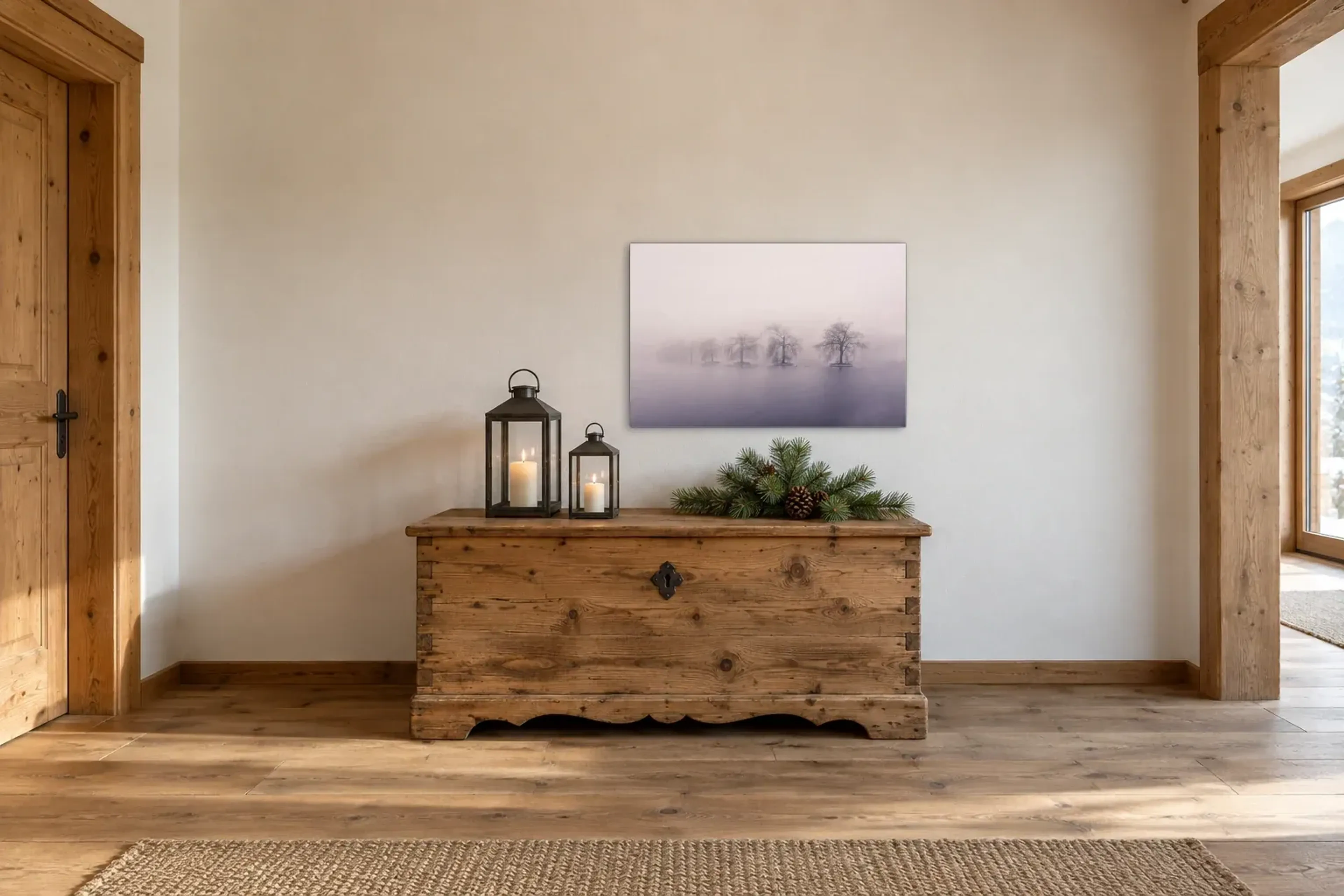 Bäume im Winternebel als Wandbild über einer 140-cm-Truhe