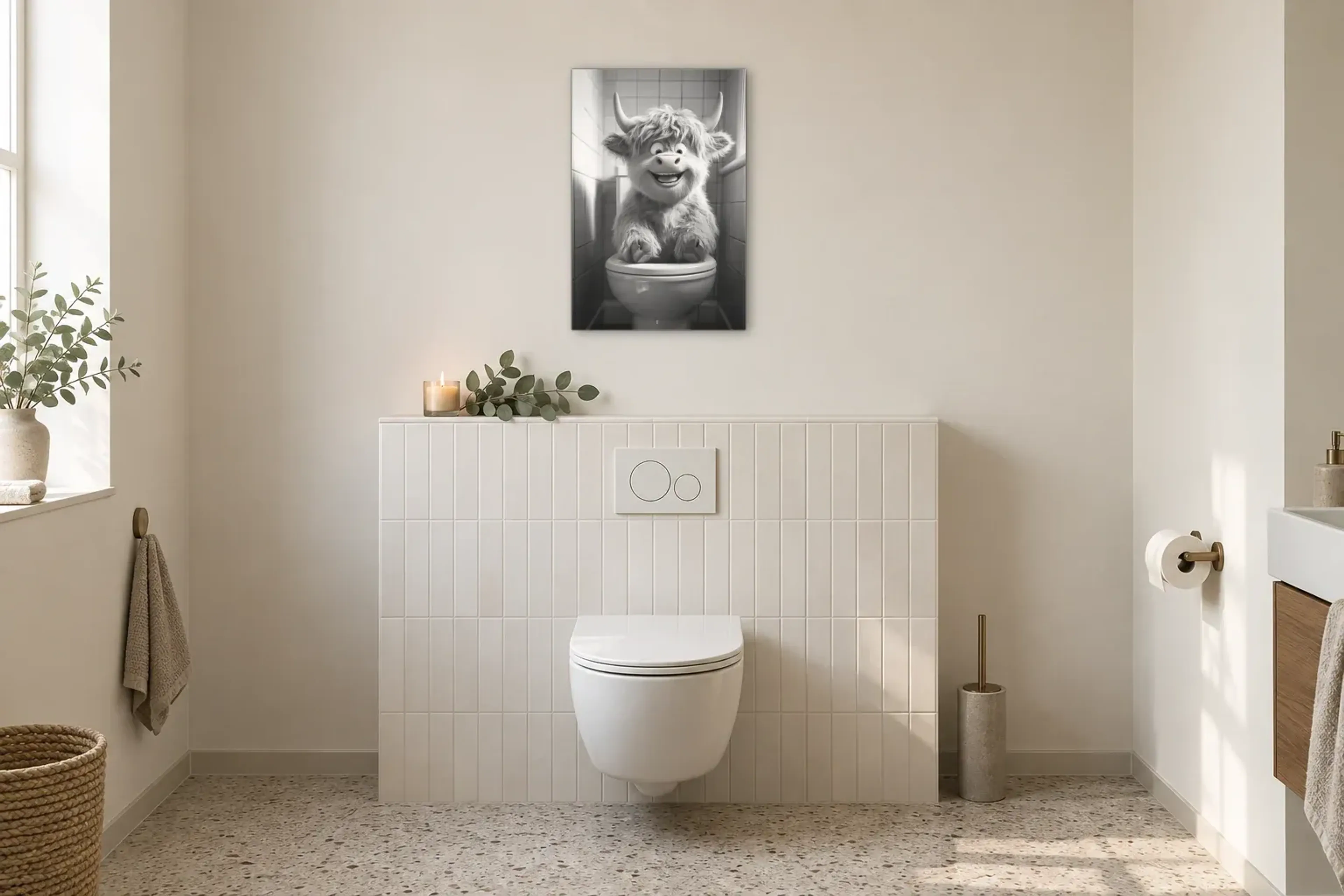 Hochlandrind auf Toilette als Wandbild im Gäste-WC