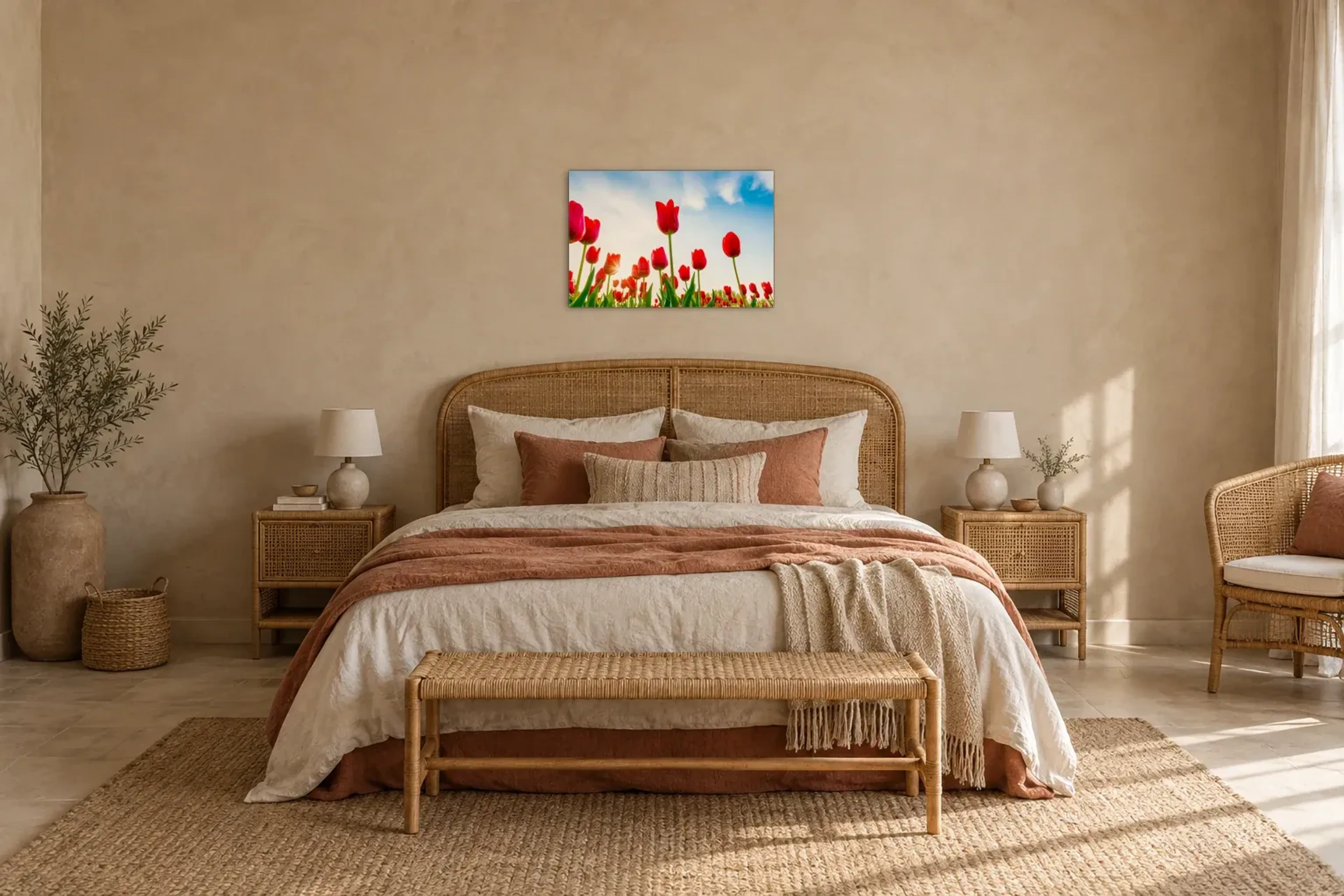 Rote Tulpen im Sonnenlicht als Wandbild über einem 180-cm-Bett