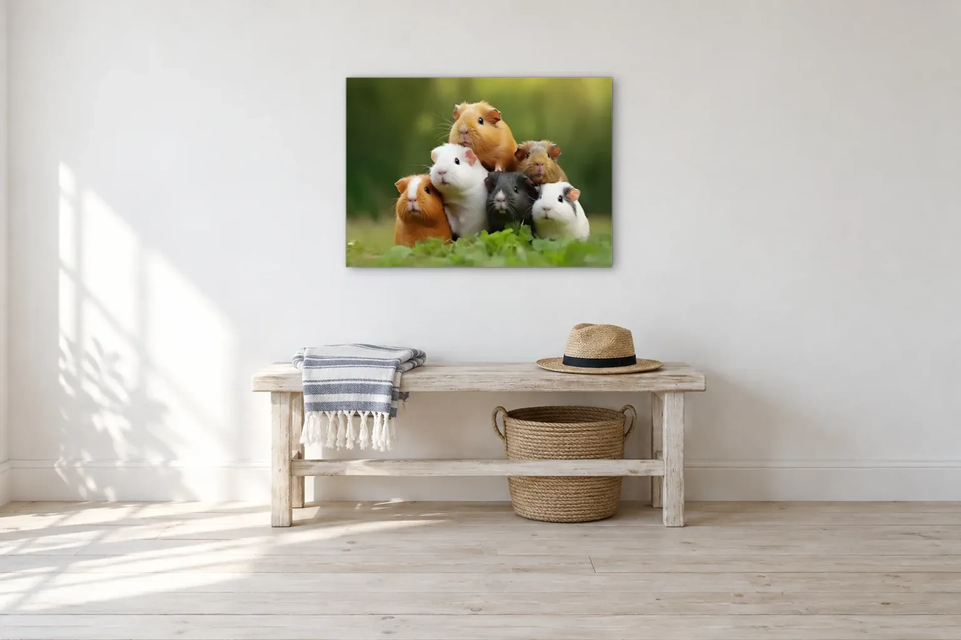 Meerschweinchen Gruppe als Wandbild über einer 100-cm-Bank