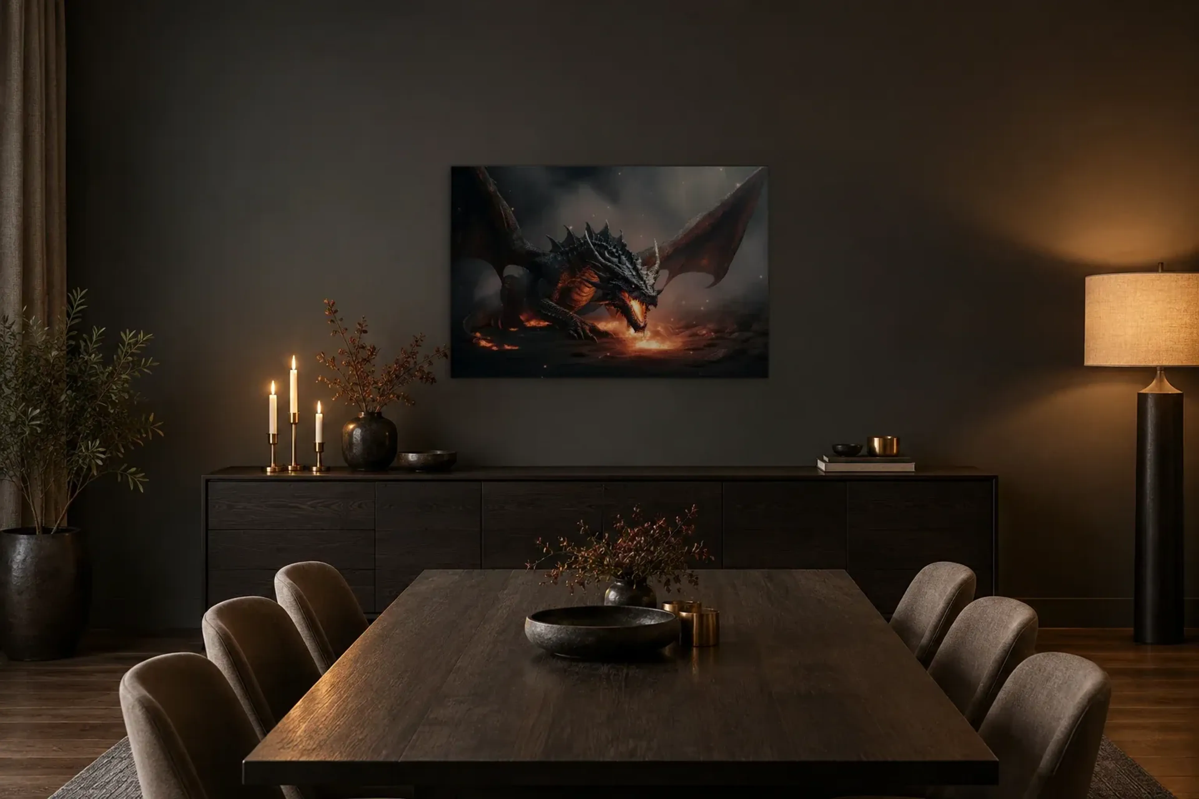 Drache im Feuerschein als Wandbild über einem 180-cm-Sideboard