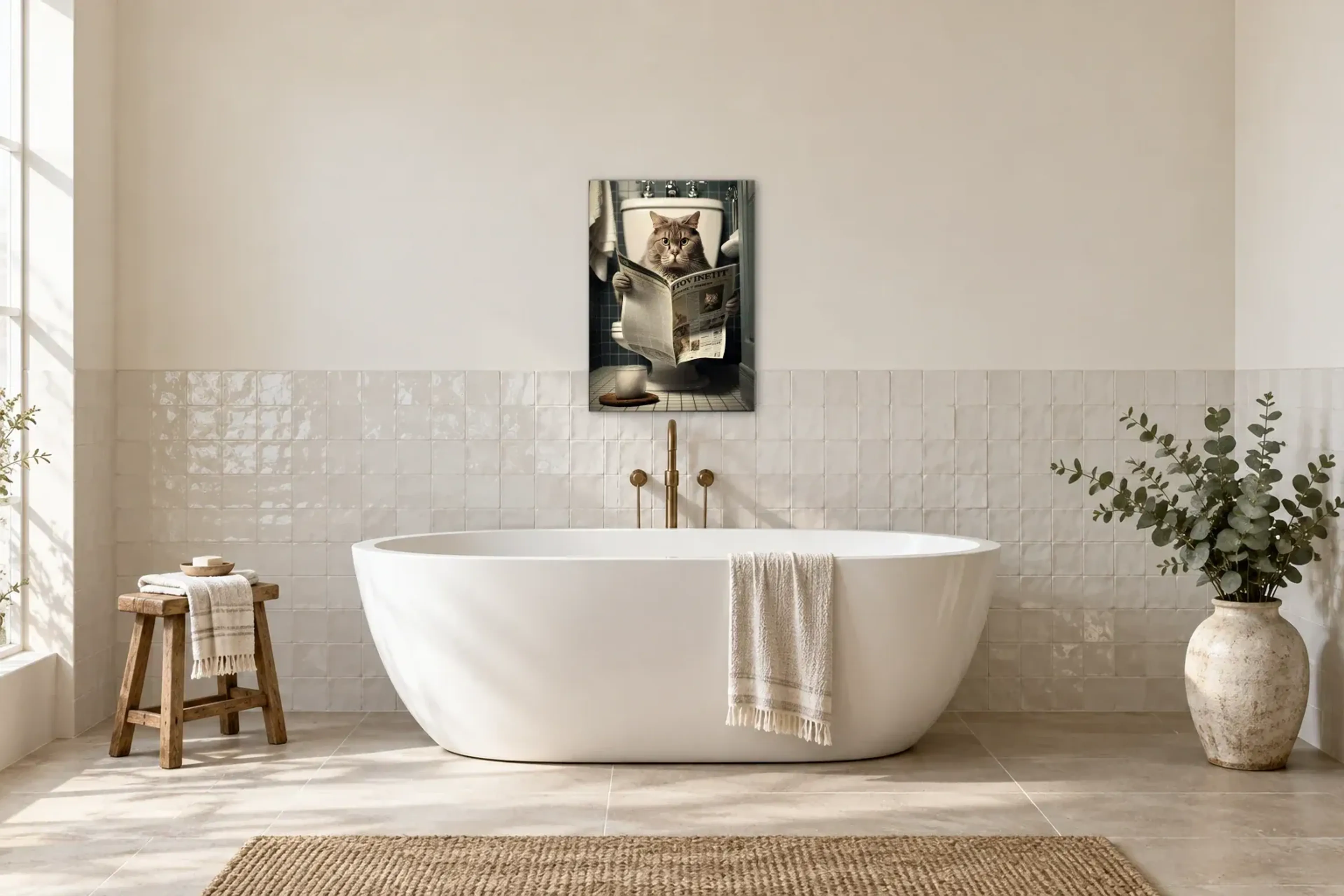 Katze mit Zeitung als Wandbild über einer 170-cm-Badewanne