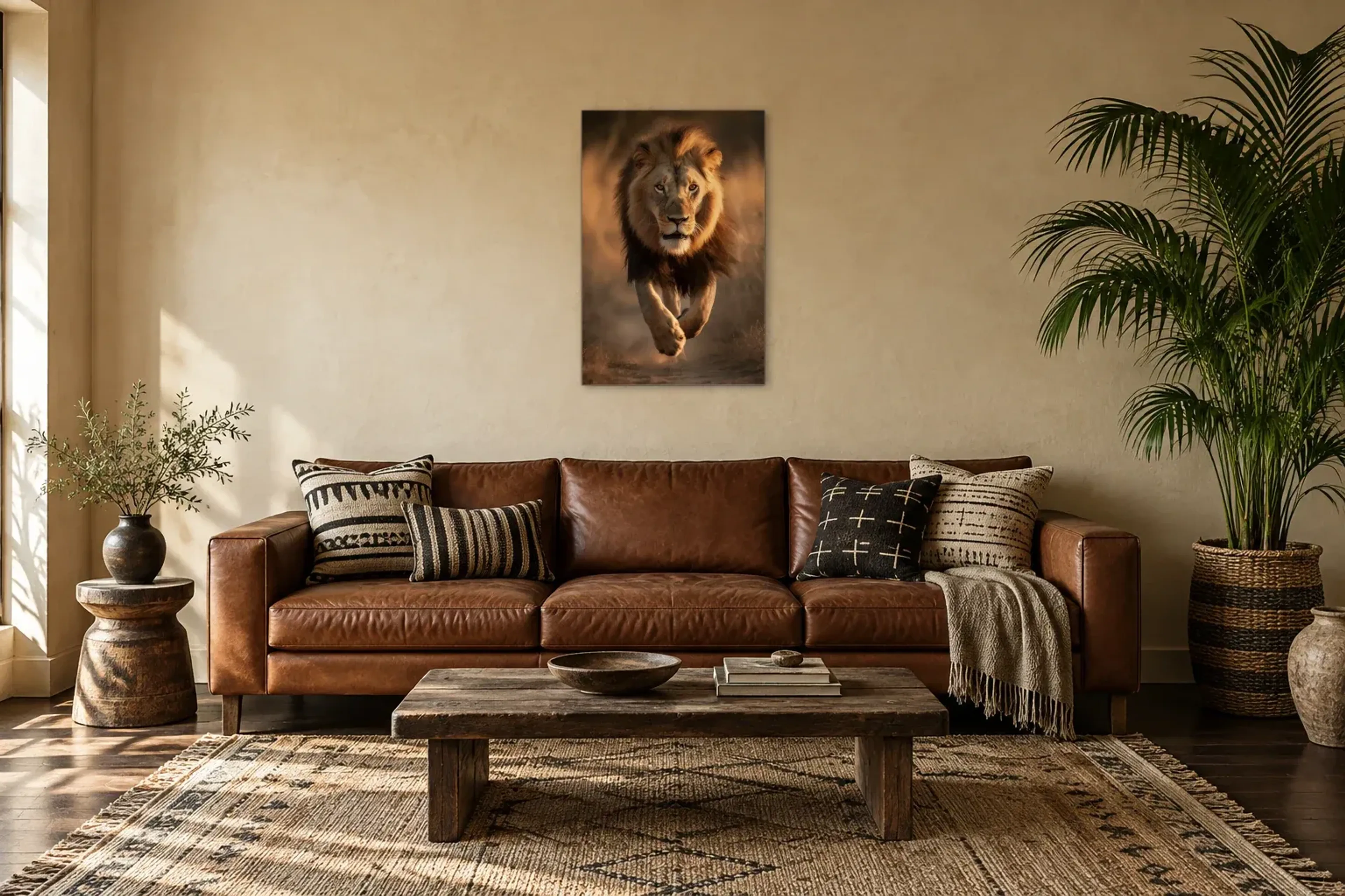 Löwe rennt als Wandbild über einem 220-cm-Sofa