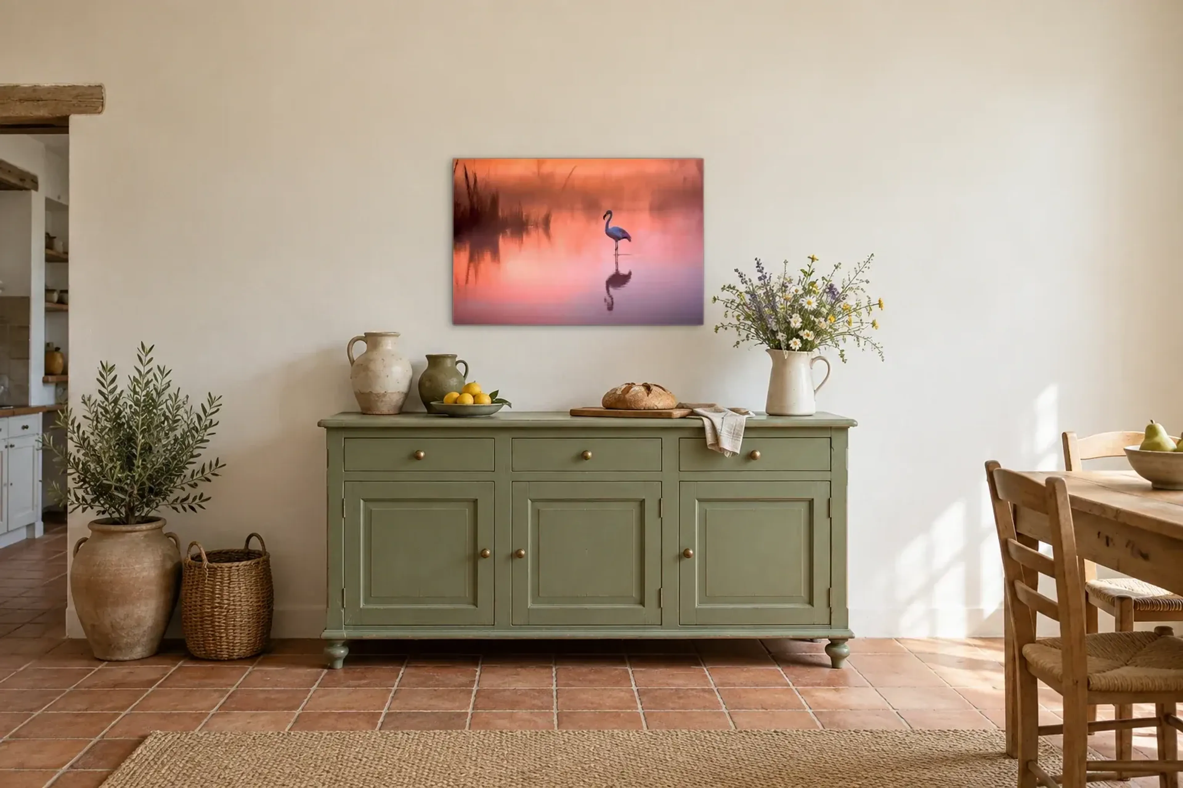 Flamingo im Wasser als Wandbild über einer 160-cm-Anrichte