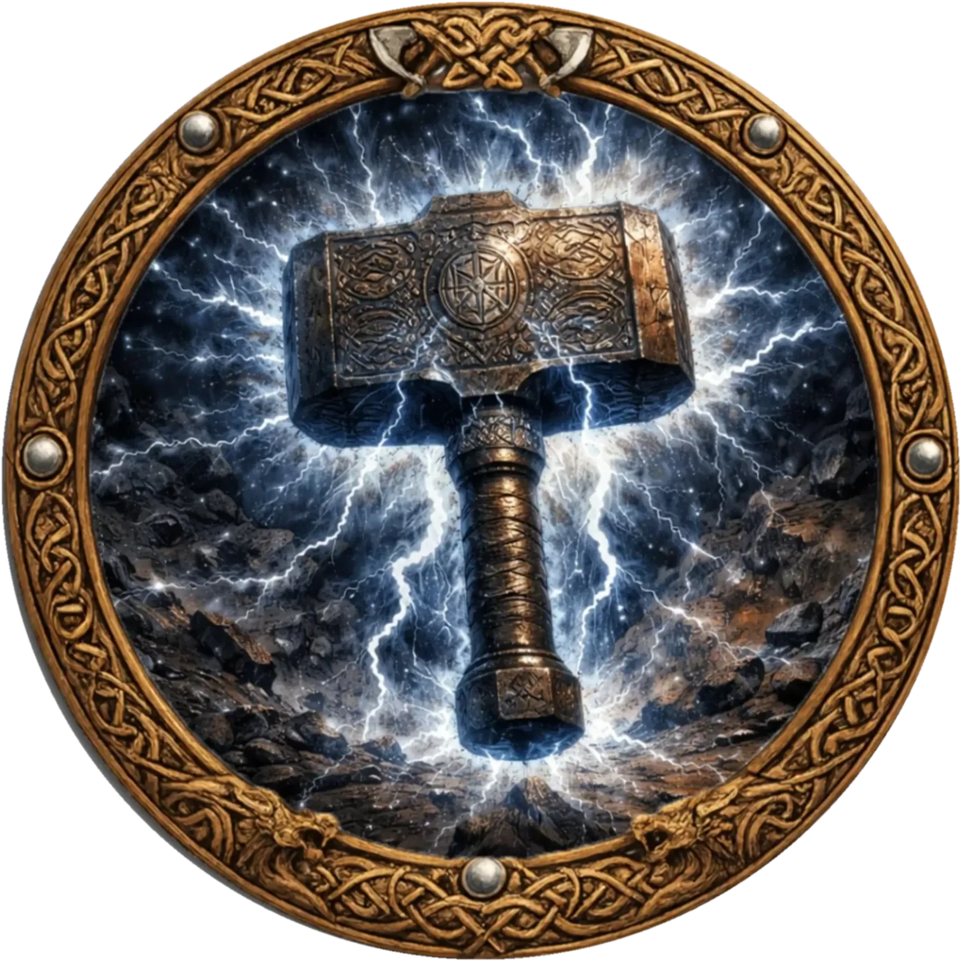 Verzierter Hammer inmitten weißblauer Blitze über dunklen Felsen, kreisförmig von goldbraunen Flechtmustern umgeben.