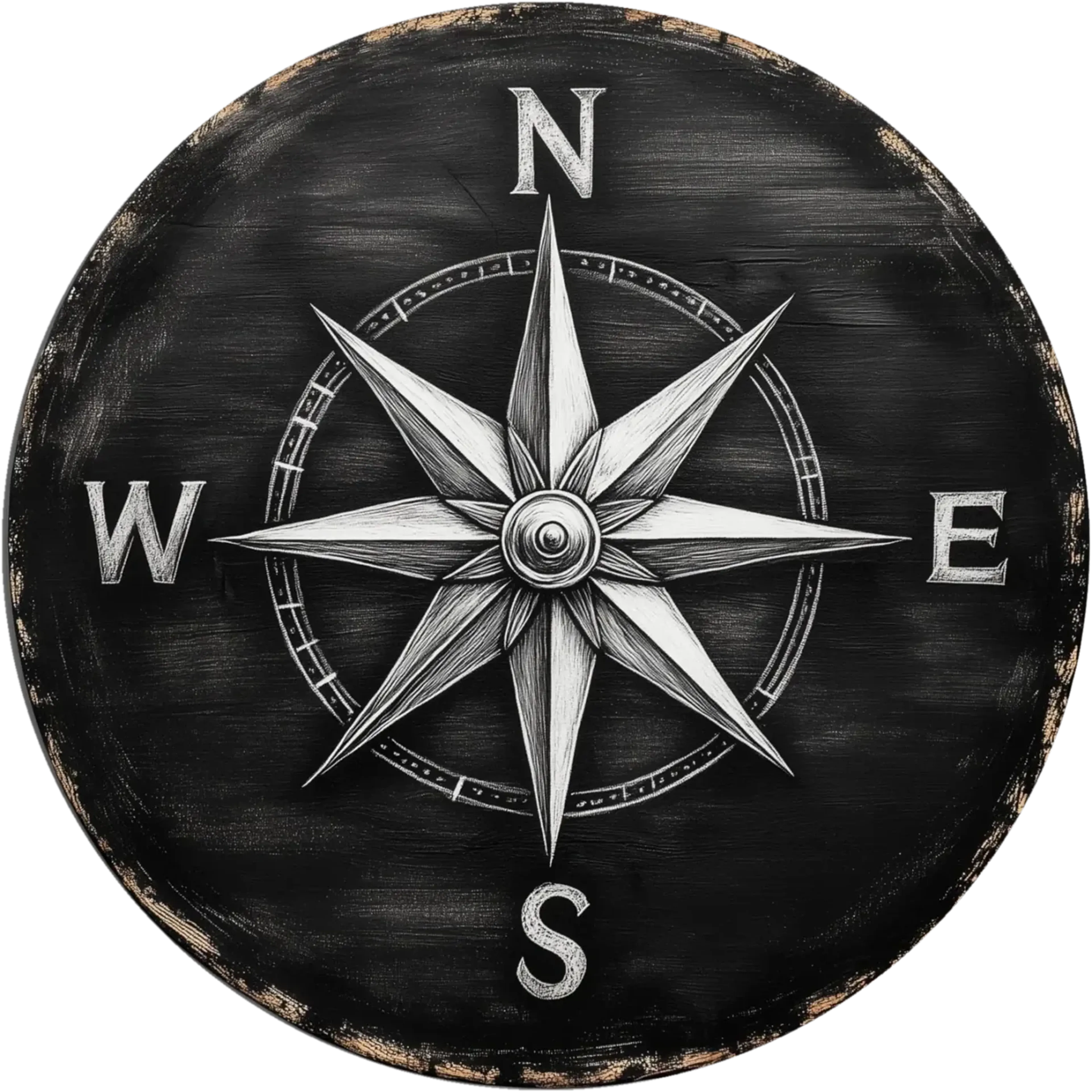 Weiße Kompassrose mit den Buchstaben N, E, S und W auf schwarzem Grund im runden Format.